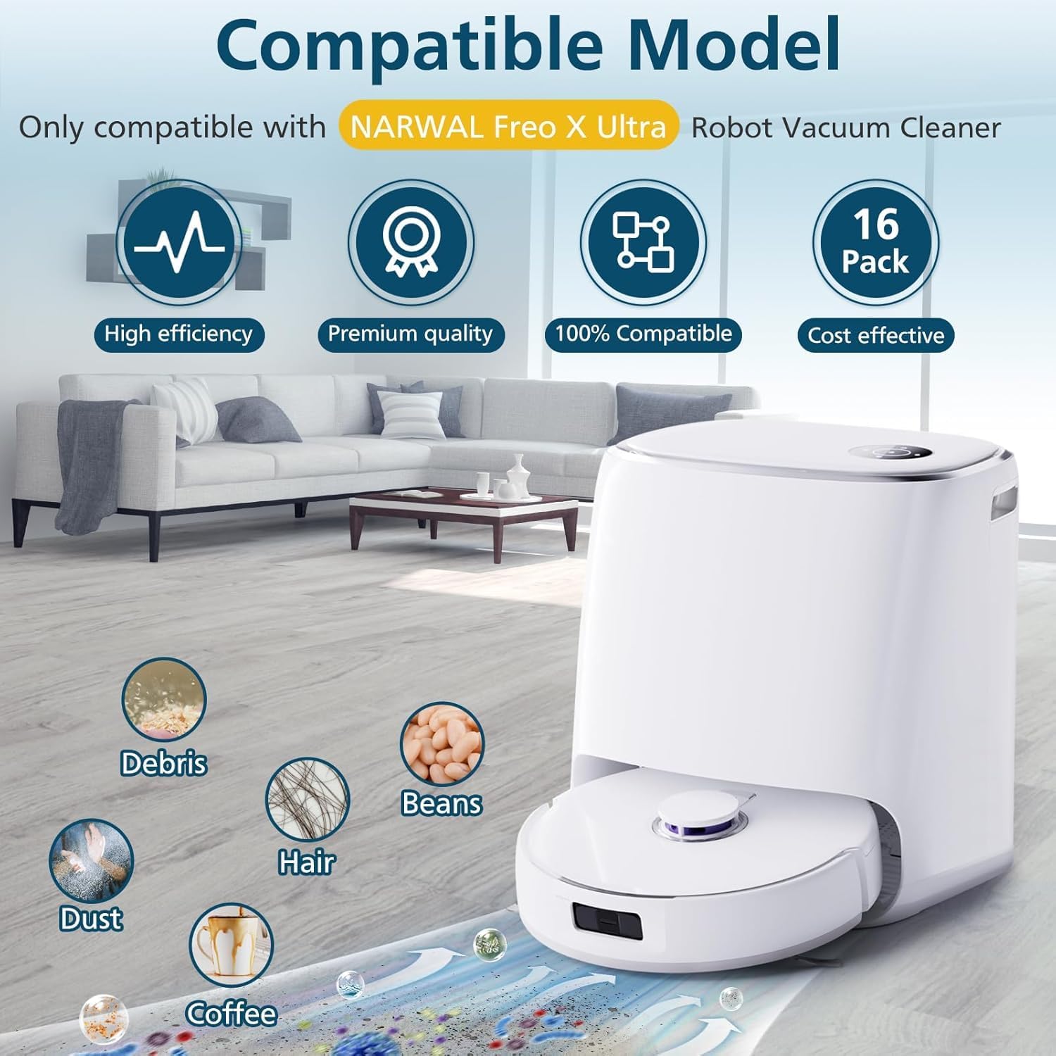 21PCS Accessories Replacement Kit for Narwal Freo X Ultra Robot Vacuum and Mop Cleaner,1 Main Brushes, 6 Side Brushes, 4 Hepa Filters, 4 Dust Bag, 4 Mop Cloths,1 Cleaning Tool,1 Screwdriver