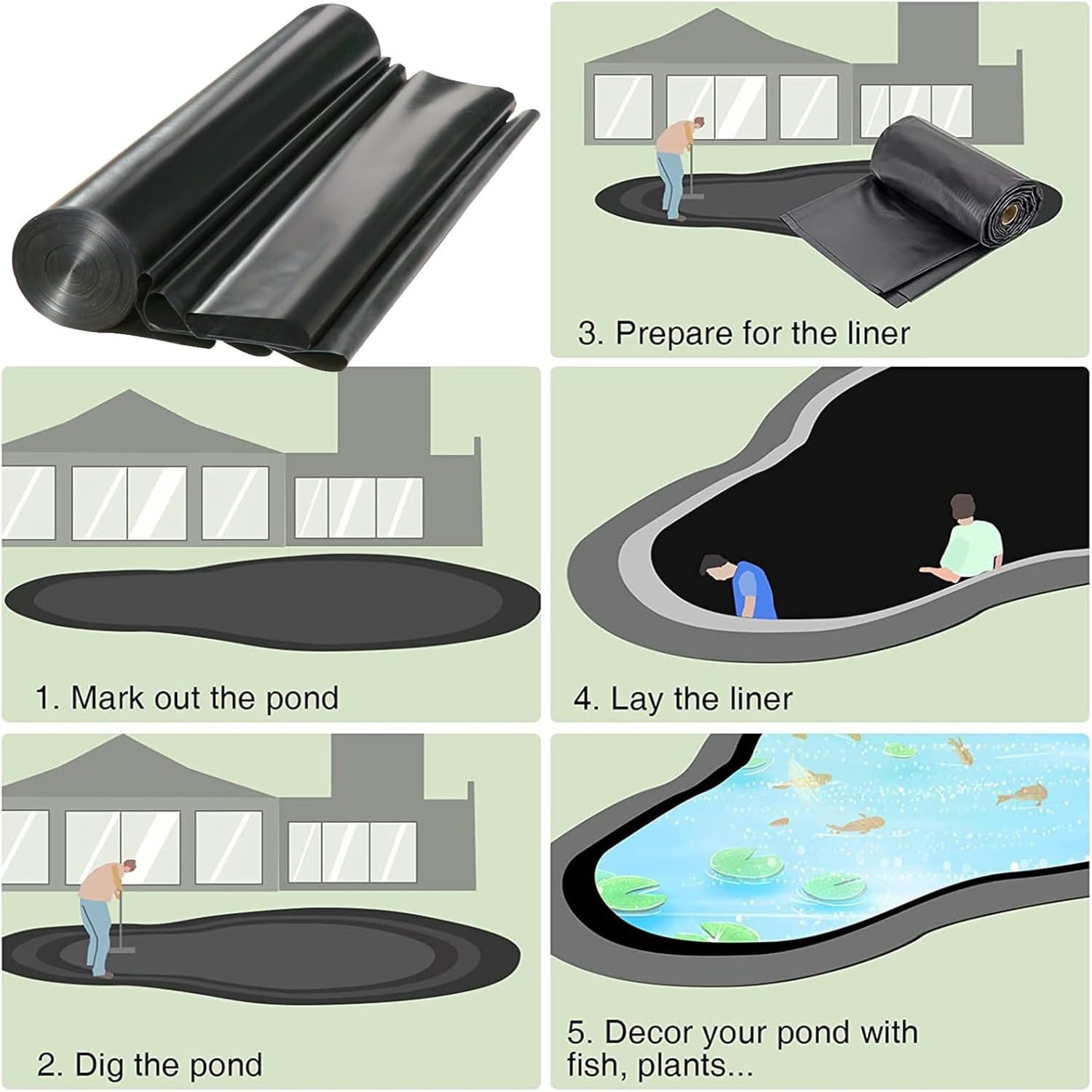 HDPE-Teichfolie 10x8m, wasserdichte Membran für Wassergärten, Fischteiche, Wasserfälle und Springbrunnen, strapazierfähige Abdeckung für Wasserlandschaften