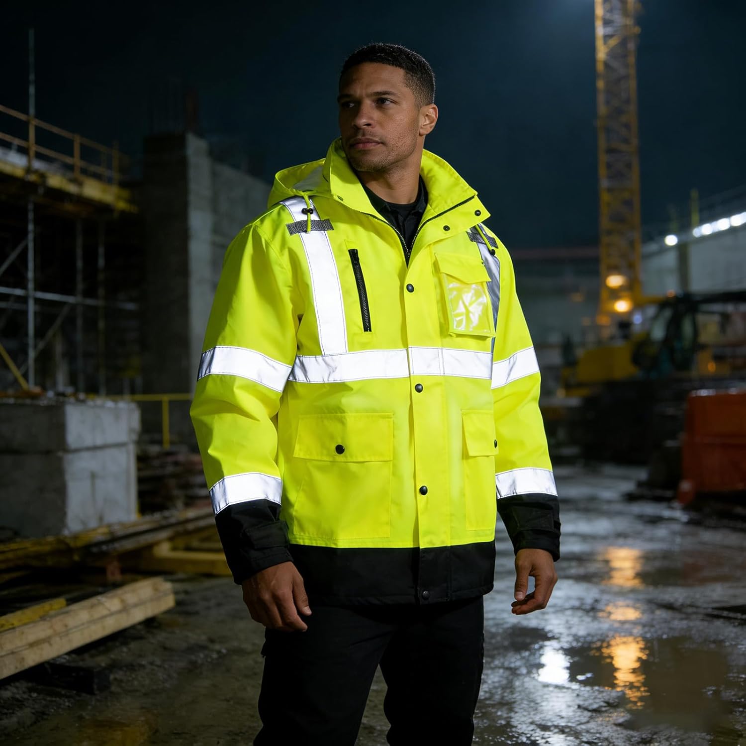 Hi Vis Reflective Rain Jackets for Men Waterproof,High Visibility Safety Construction Zipper Coat With Pockets