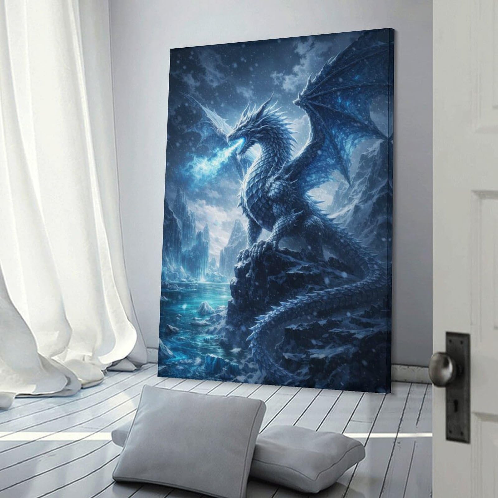 Junmoney Frame-Style-23 Canvas Wall Art Ice Dragon Breathing Frost, 08X12inch(20X30cm), For Lounge Decor, Bedroom Walls Or Flats, Eye Catching Artwork For Blank Walls