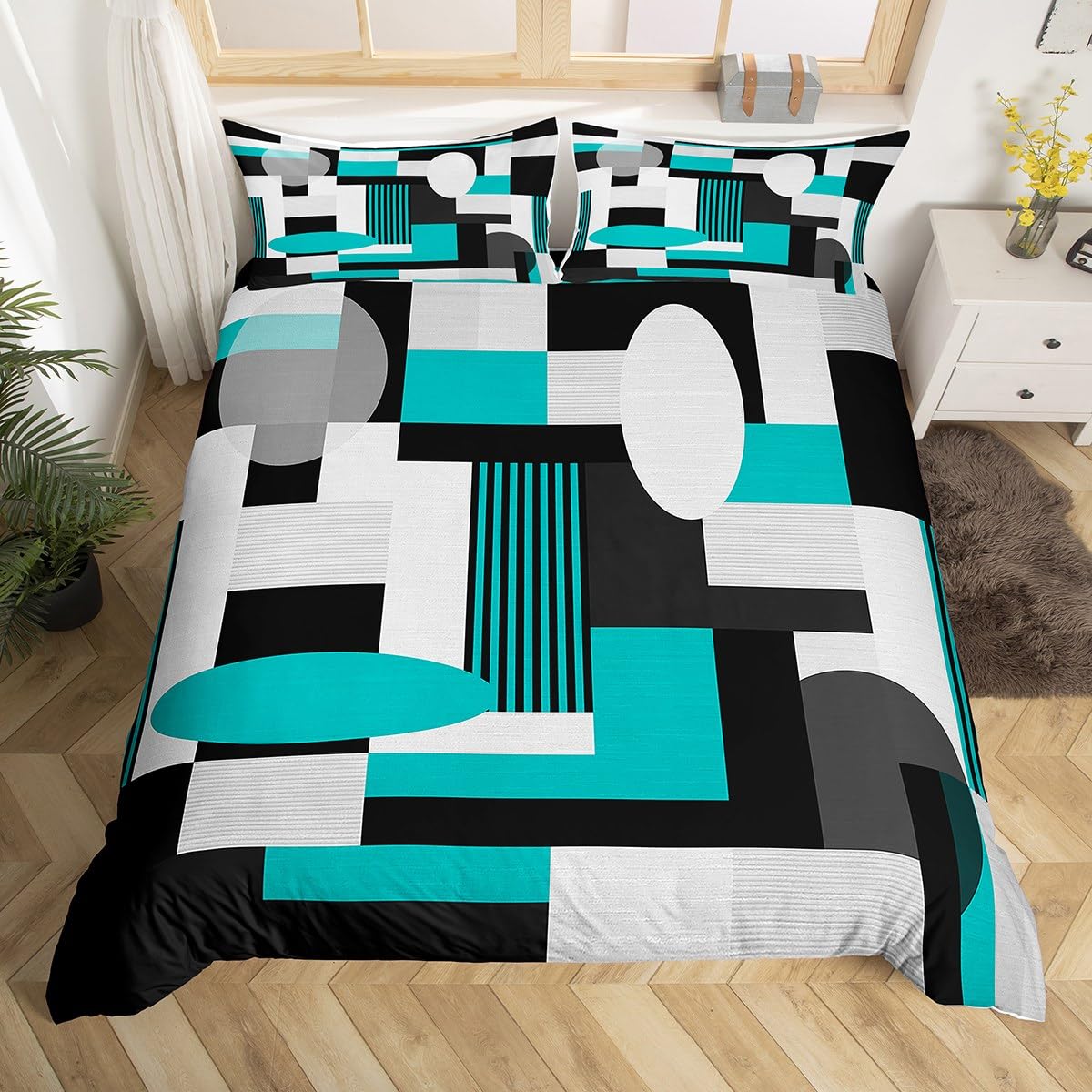 Feelyou Geometric Bedding Set King Size Kids Teal White Black Comforter Cover Set for Boys Girls Geometry Rectangle Square Duvet Cover Modern Abstract Art Bedspread Cover Room Decor Quilt Cover
