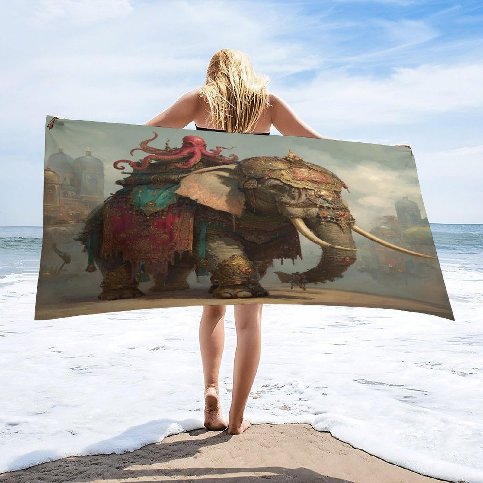 Luyysky Beautiful Realistic Sea Octopus Absorbent Beach Towel, Classic Abstract Indian Aesthetic Tropical Animal Elephant Octopus Outdoor Single-Sided Velvet Beach Towel-80 W Cm X 160" L Cm