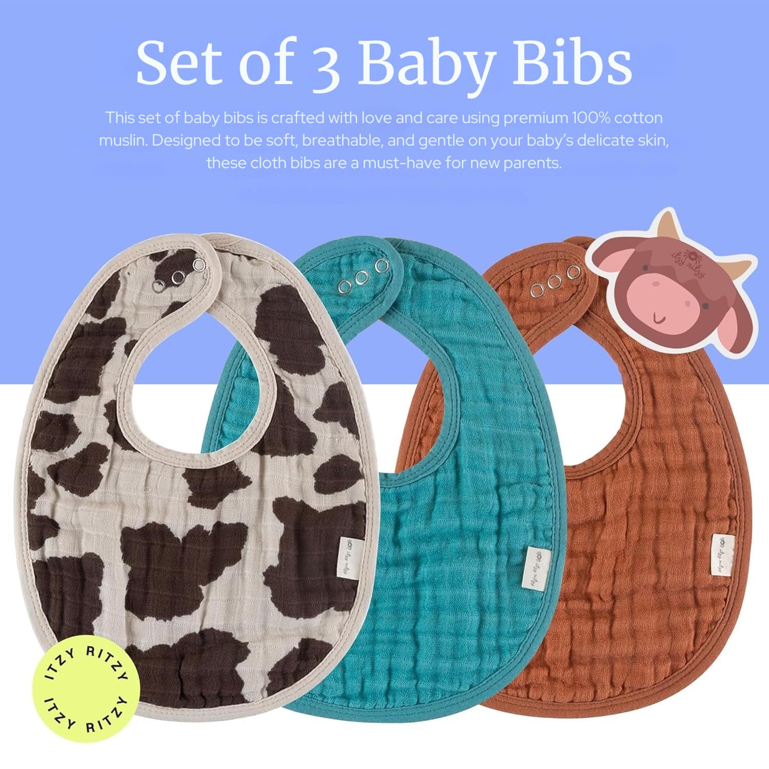 Itzy Ritzy Baby Muslin Bibs Set of 3, Soft Cotton Dribble Bibs with Adjustable Closure - Image 2
