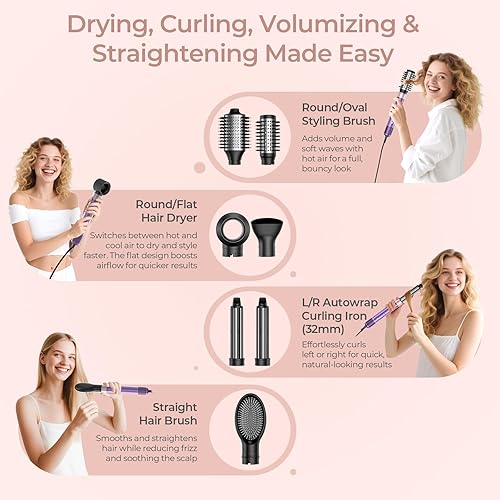 Miniatura 2 de Juego de cepillo y peinado 7 en 1 para secador de pelo, secado rápido, rizado, alisado y voluminizador, herramienta de peinado de aire caliente sin
