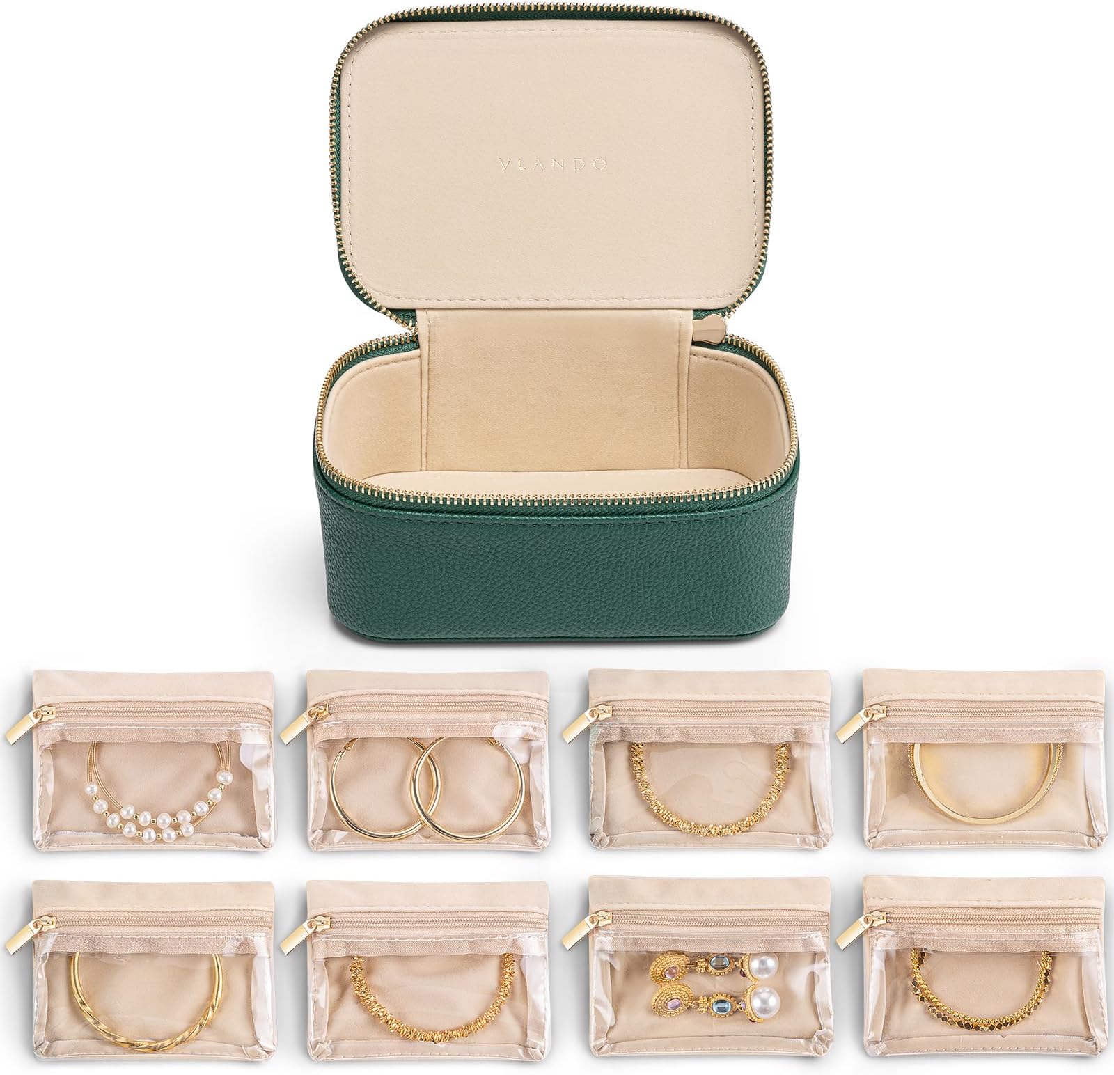 VLANDO Travel Jewelry Box with 8 Clear Velvet Zipper Pouches,Green