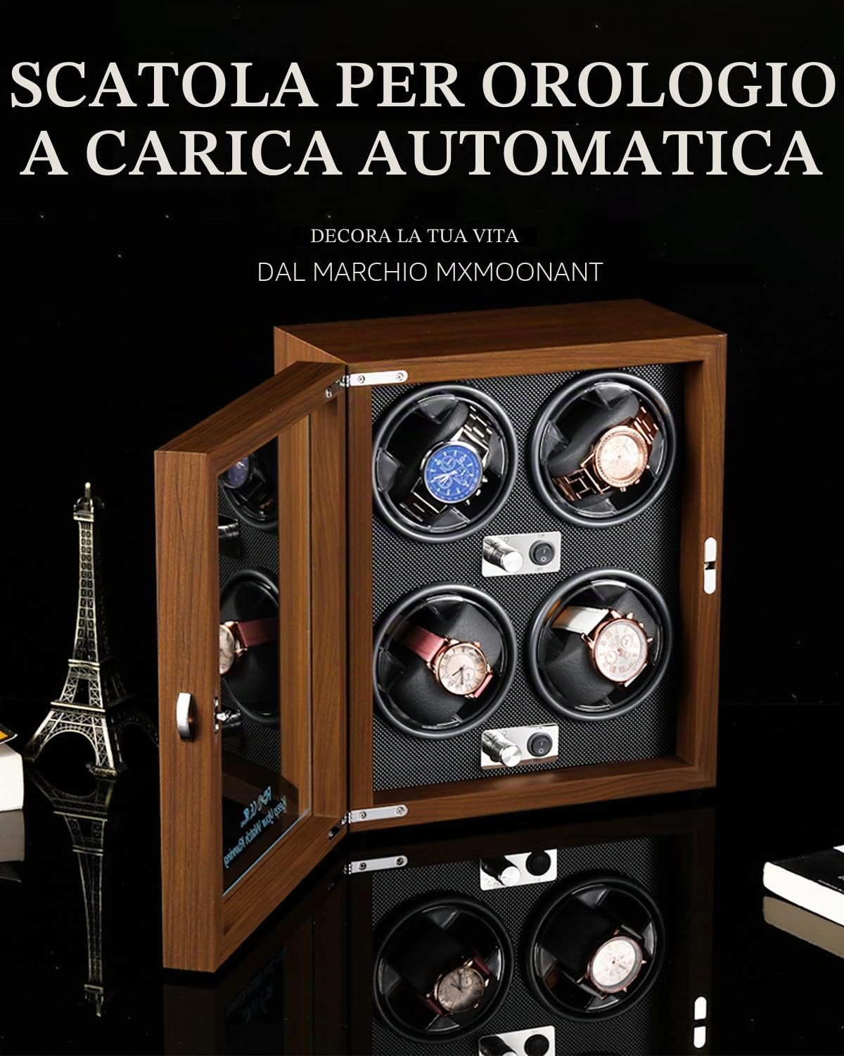 Mxmoonant carica orologi automatici per 4 orologi In legno e pelle 5 modalità di rotazione con motore silenzioso Alimentazione USB con illuminazione LED degli porta orologi automatici