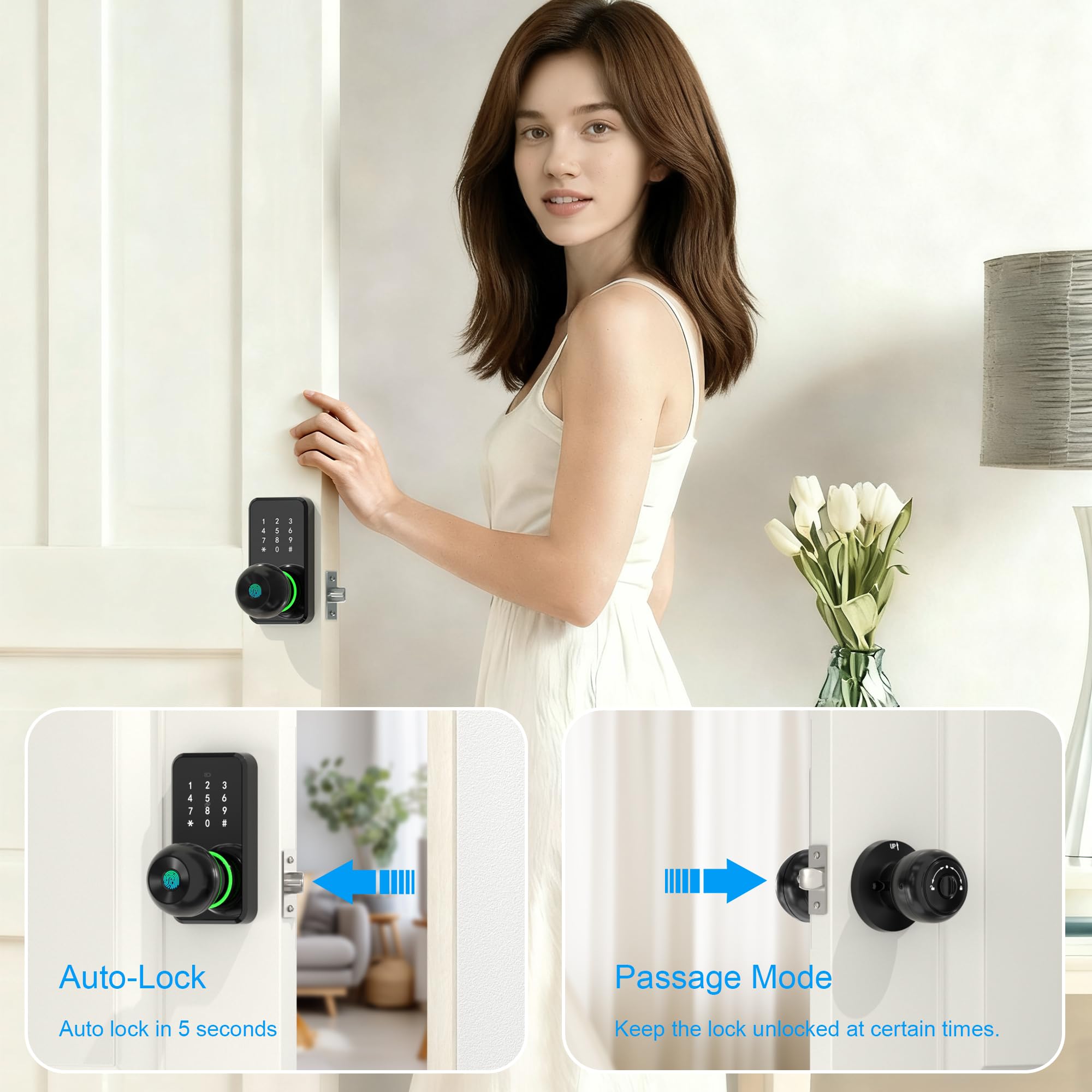 Serrure de porte intelligente avec bouton, serrure à empreintes digitales sans clé avec clavier tactile, bouton électronique pour porte d'entrée, installation facile