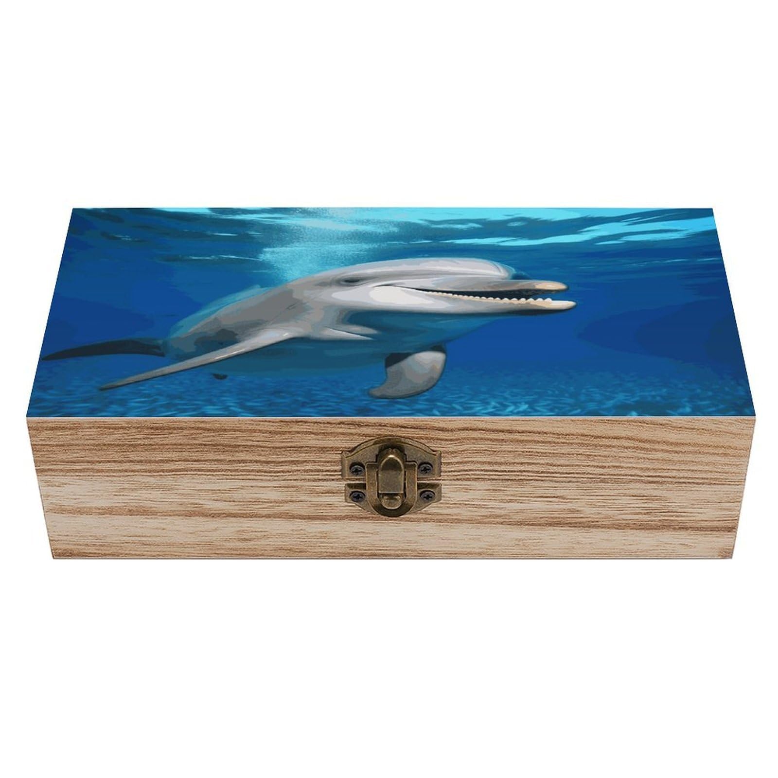 Btcowzrv Style Happy Dolphin Wooden Storage Box, Keepsake Box With Hinged And Retro Lock, Wood Jewelry Organizer For Photos & Mementos And Home Decor