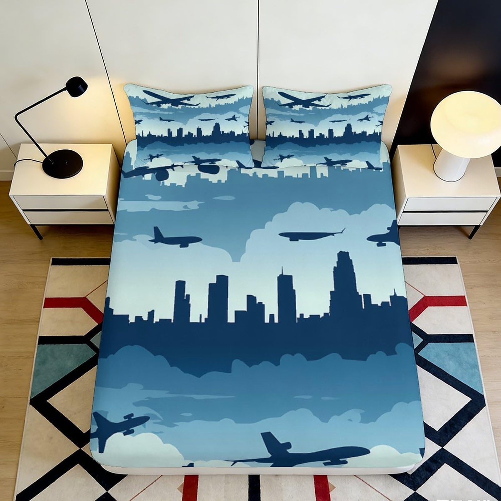 3D Printed City Skyline Fitted Sheet Microfiber Non-Slip Deep Pocket Urban Mattress Fitted Cover Washable for Bedroom Home 140x200x25cm