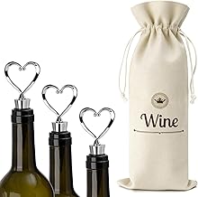 3 Packs Heart Wine Stoppers with Reusable Burlap Wine Bag, Bottle Saver Sealer Wine Corks for Champagne Prosecco Beer