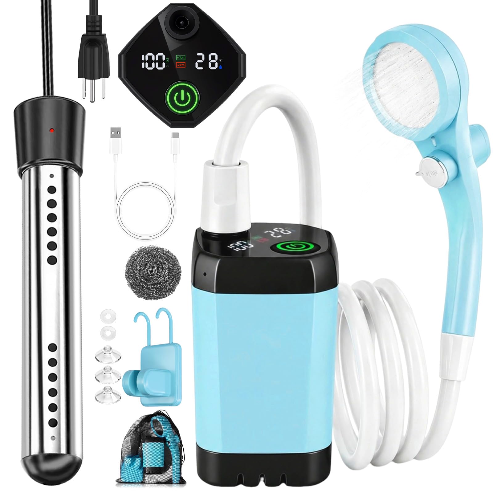 Ducha portátil de camping con calentador, ducha de camping recargable de 6000 mAh con calentador de apagado automático de 2000 W, pantalla LED, ducha climatizada al aire libre para viajes