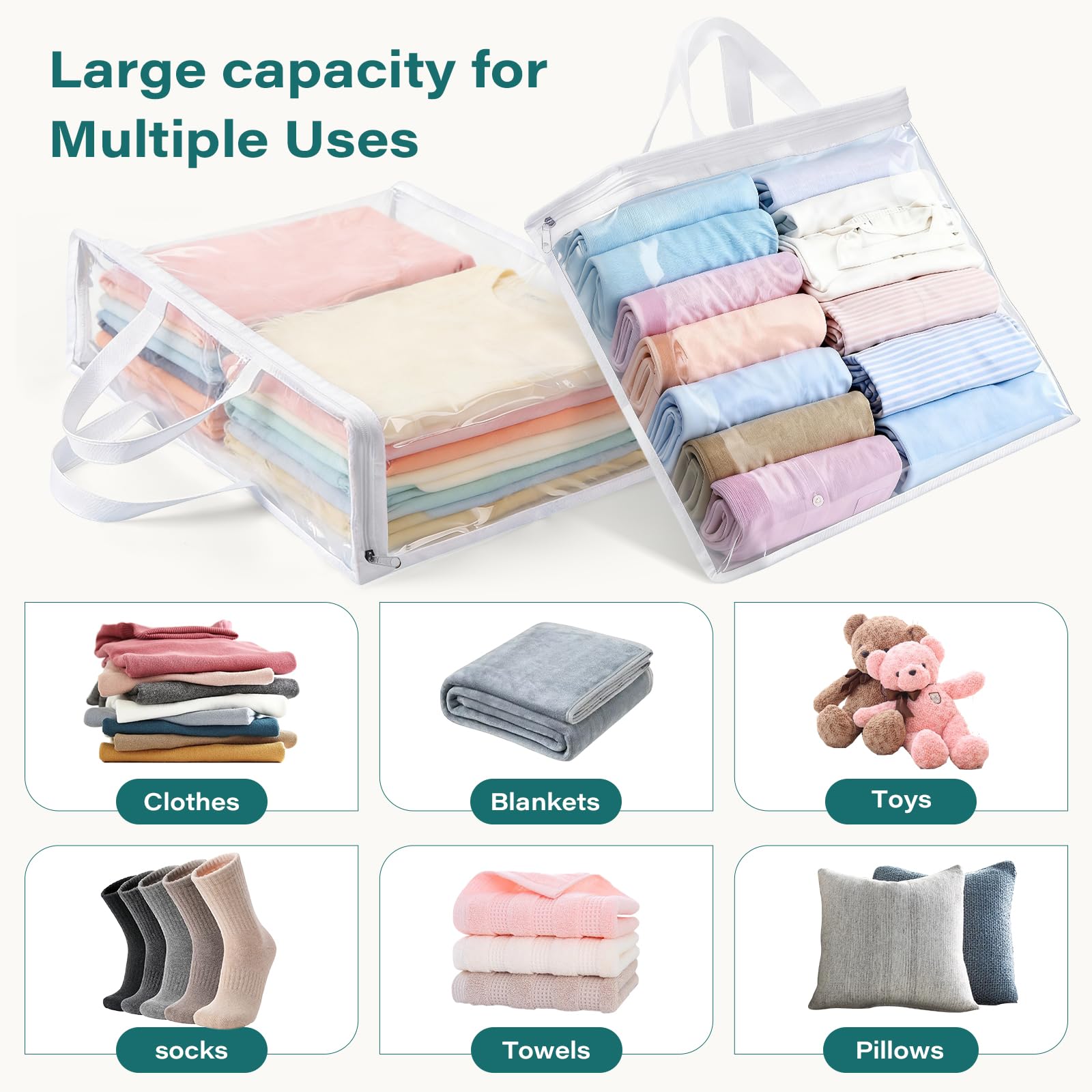 VZZNN Paquete de 16 bolsas de almacenamiento transparentes con cremallera de 22 L para ropa, bolsas de almacenamiento al vacío para mantas, edredones, ropa de cama y ropa de cama, bolsas organizadoras