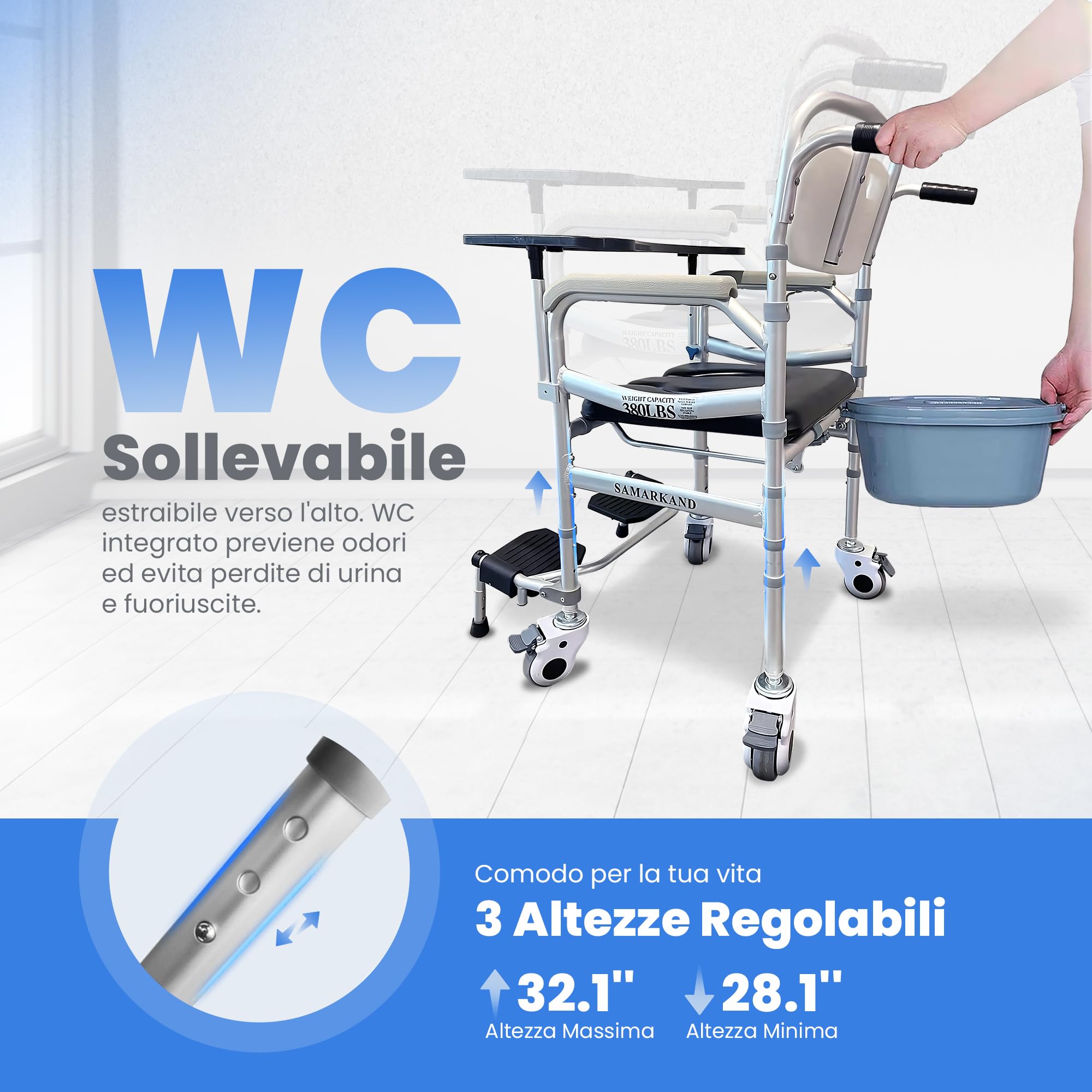 Comoda Wc Per Anziani 3 In 1 Con Ruote, Vassoio E Poggiapiedi – Sedia Per Doccia Anziani Con Disabilità - Sedia Doccia Anziani Casa Di Cura, Ospedale - Sgabello Doccia Anziani, Wc Per Disabili