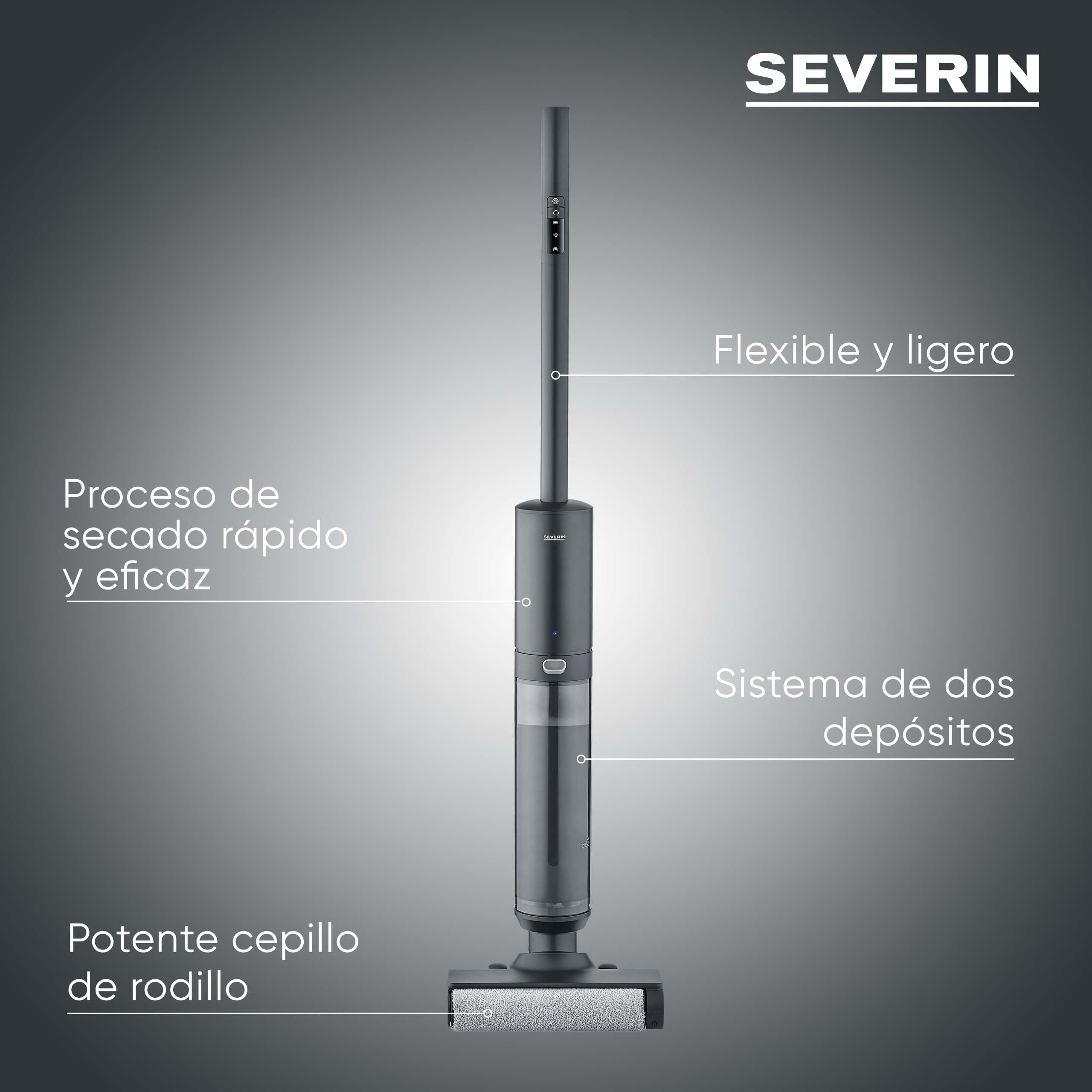 SEVERIN - Friegasuelos eléctrico sin Cable, Cepillo de Rodillo autolimpiable, batería de Iones de Litio de 22,2 V, Pantalla LED, Sistema higiénico de Dos depósitos, 150 W, Antracita, SC 7177
