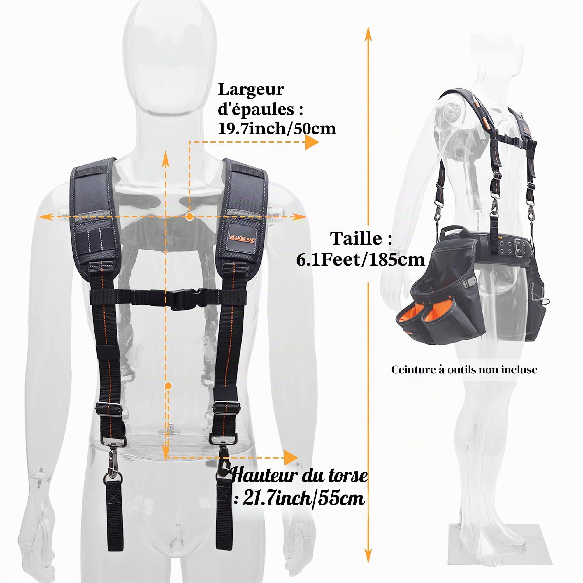 WELKINLAND Bretelles de ceinture à outils pour homme, bretelles de sac à ongles, sac à outils, bretelles de charpentier