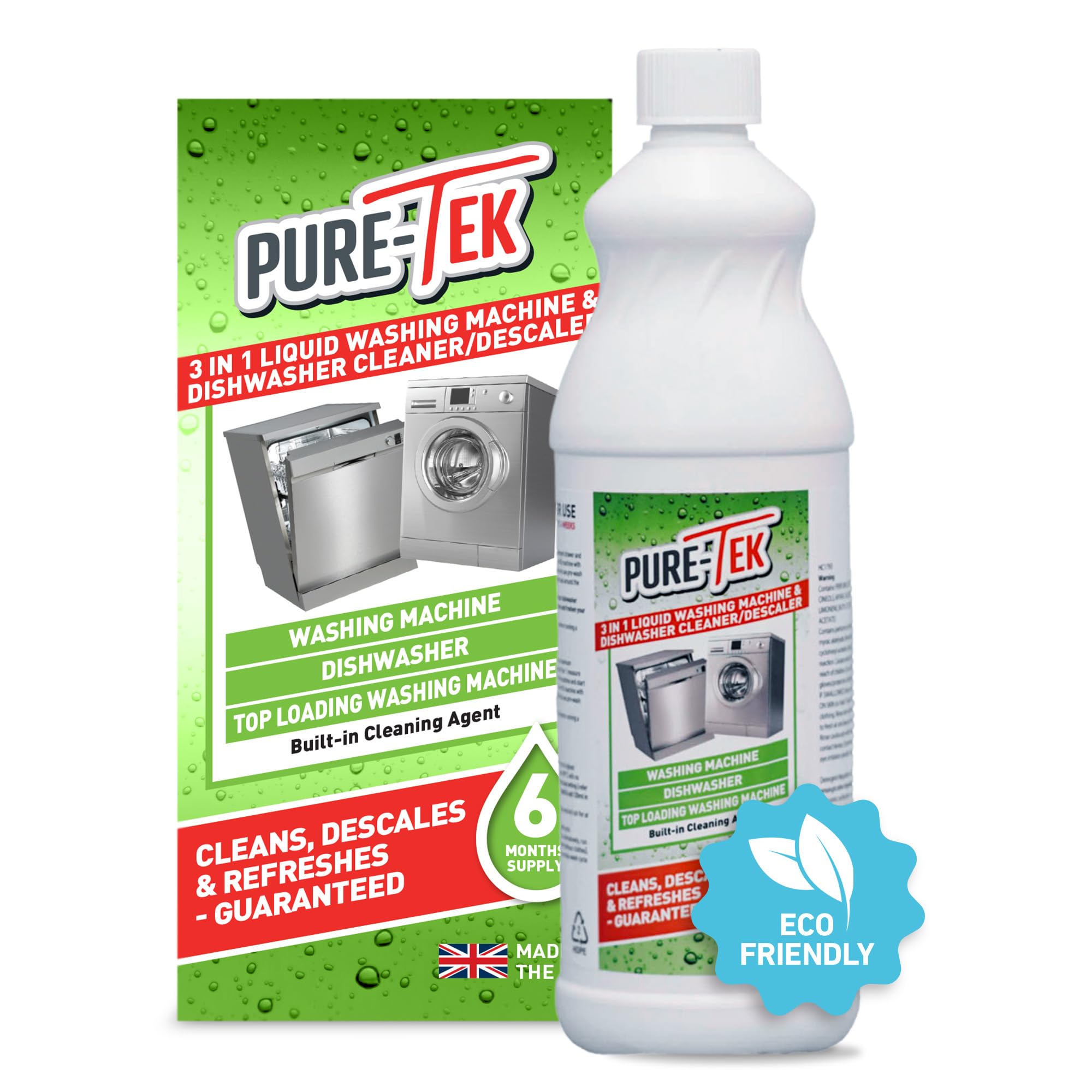 PURE-TEKWashing Machine Cleaner and Dishwasher Cleaner - Washing Machine Descaler Liquid, Deep Cleaning Dishwasher Unblocker & Limescale Remover - Clean & Refresh Machines, 960ml, 6 Months Supply