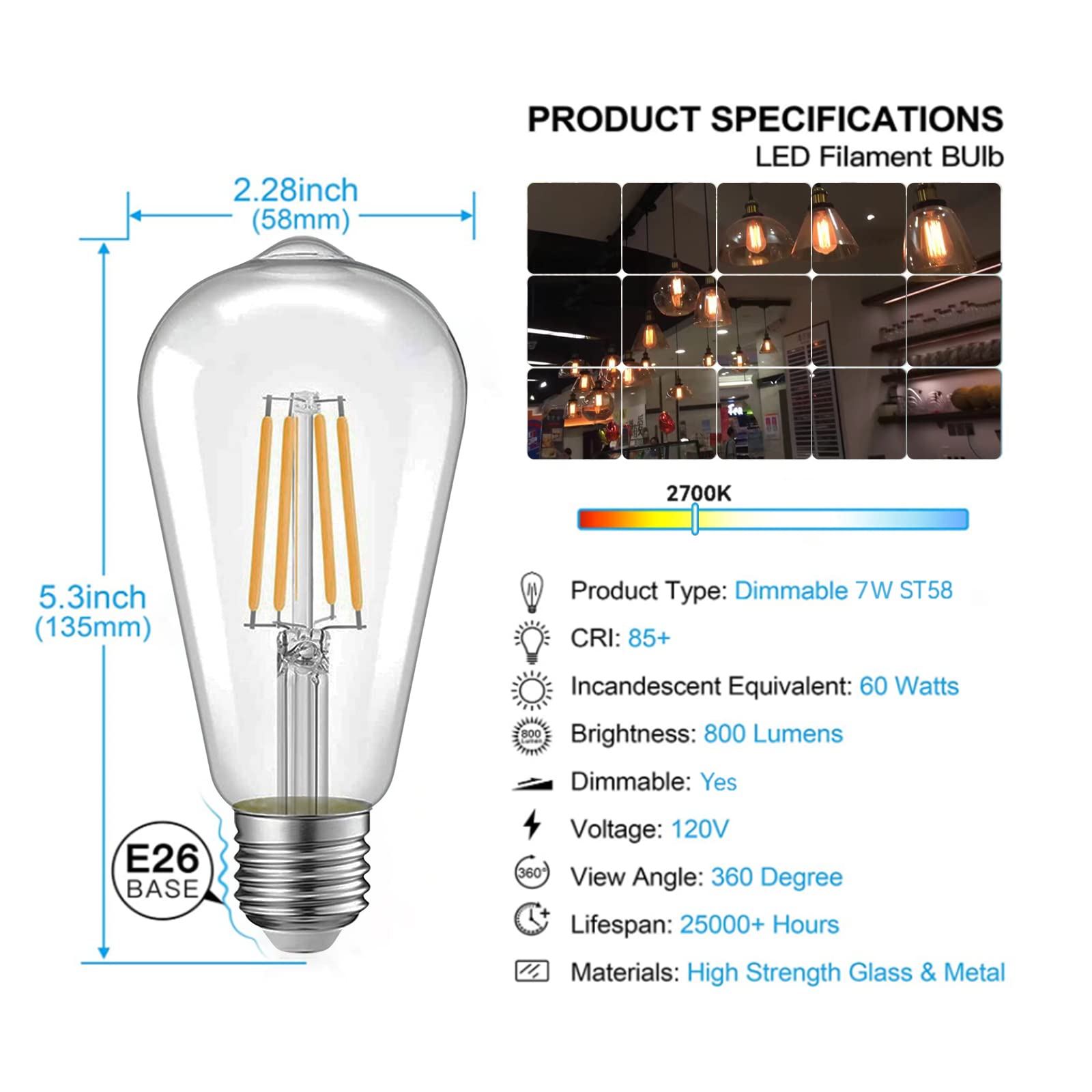 Jensense Edison - Bombillas LED E26 equivalentes a 60 W, regulables, 2700 K, blanco cálido y suave, vintage, 7 W, bombillas LED Edison, 110 V, 120 V, 800 lúmenes, CRI90, paquete de 6