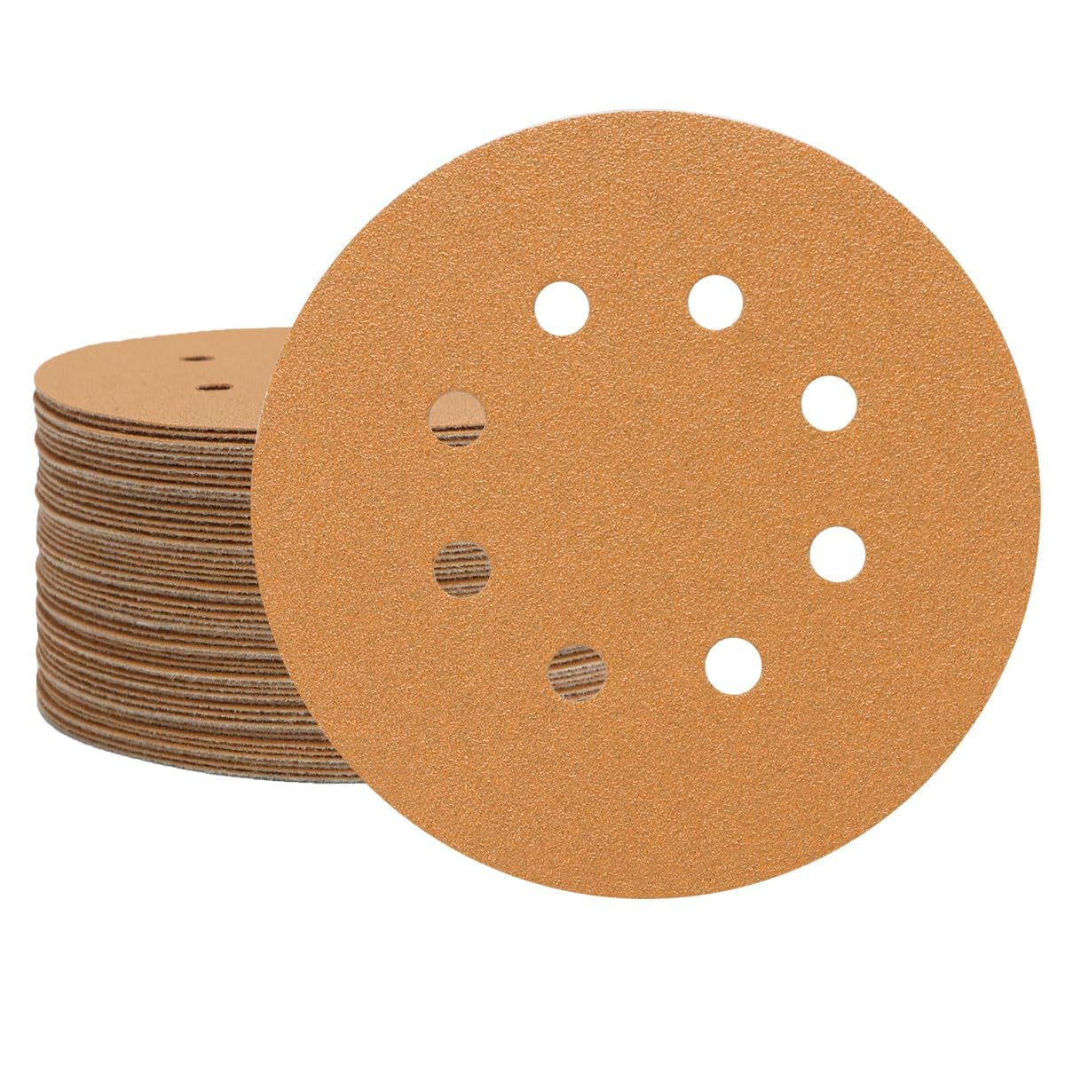 50 discos de lija de 5 pulgadas y 8 agujeros con gancho y bucle, 60, 80, 120, 220, 320, discos de papel de lija surtidos para lijadora orbital aleatoria, almohadillas de papel de lija doradas