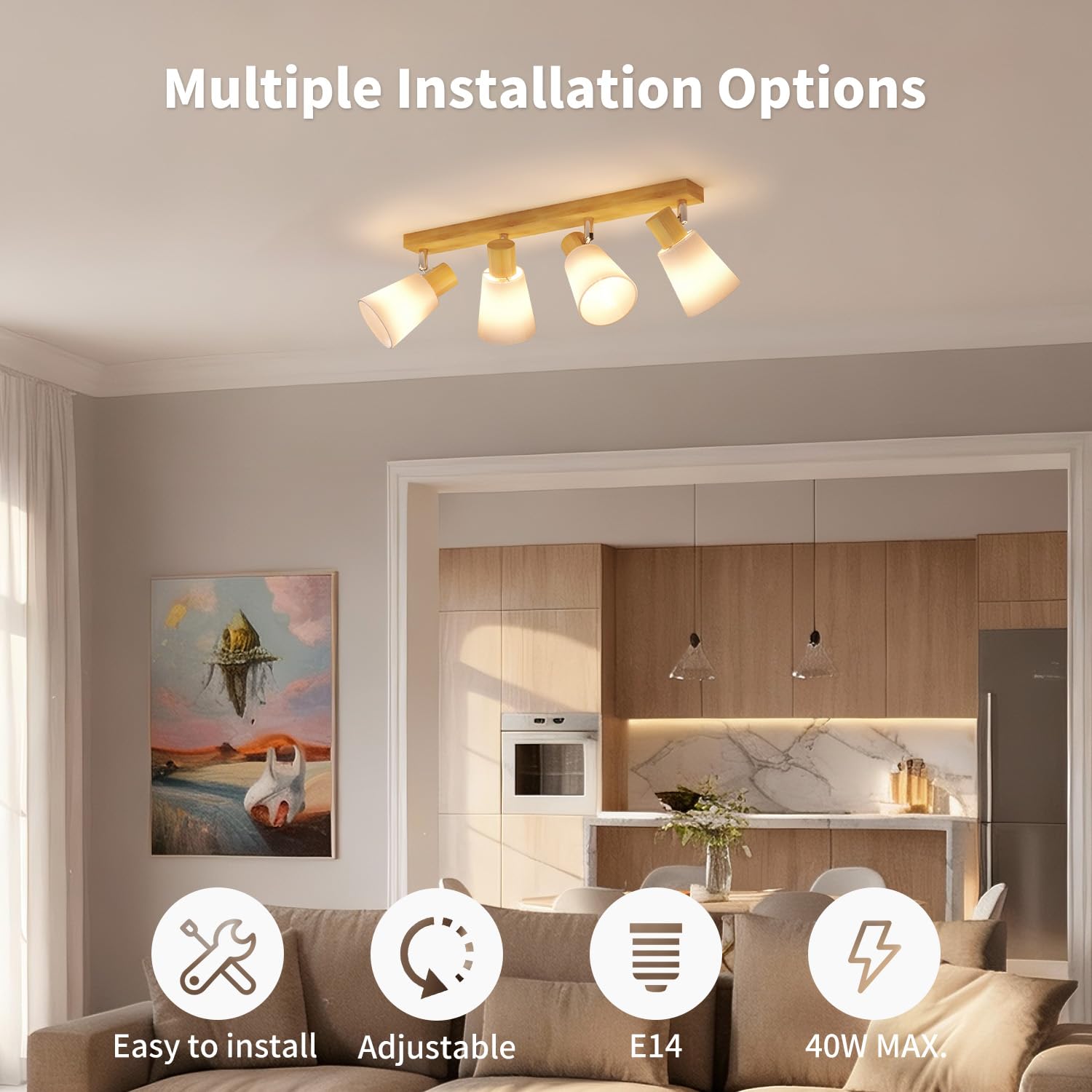 LVWIT Lámpara de Techo 4 Focos Orientables de Madera, Plafón Giratorio para E14, Retro para Cocina, Pasillo, Salón o Dormitorio – Bombillas No Incluidas