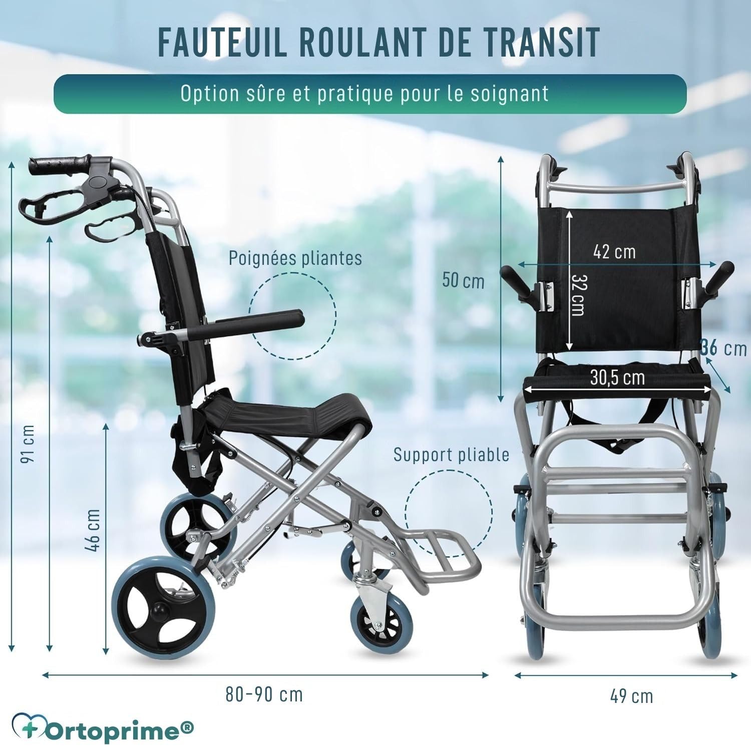 OrtoPrime fauteuil roulant pliable léger en ALUMINIUM – fauteuil roulant étroit pour maison et extérieur – chaise roulante orthopédique adulte et senior – wheelchair compact