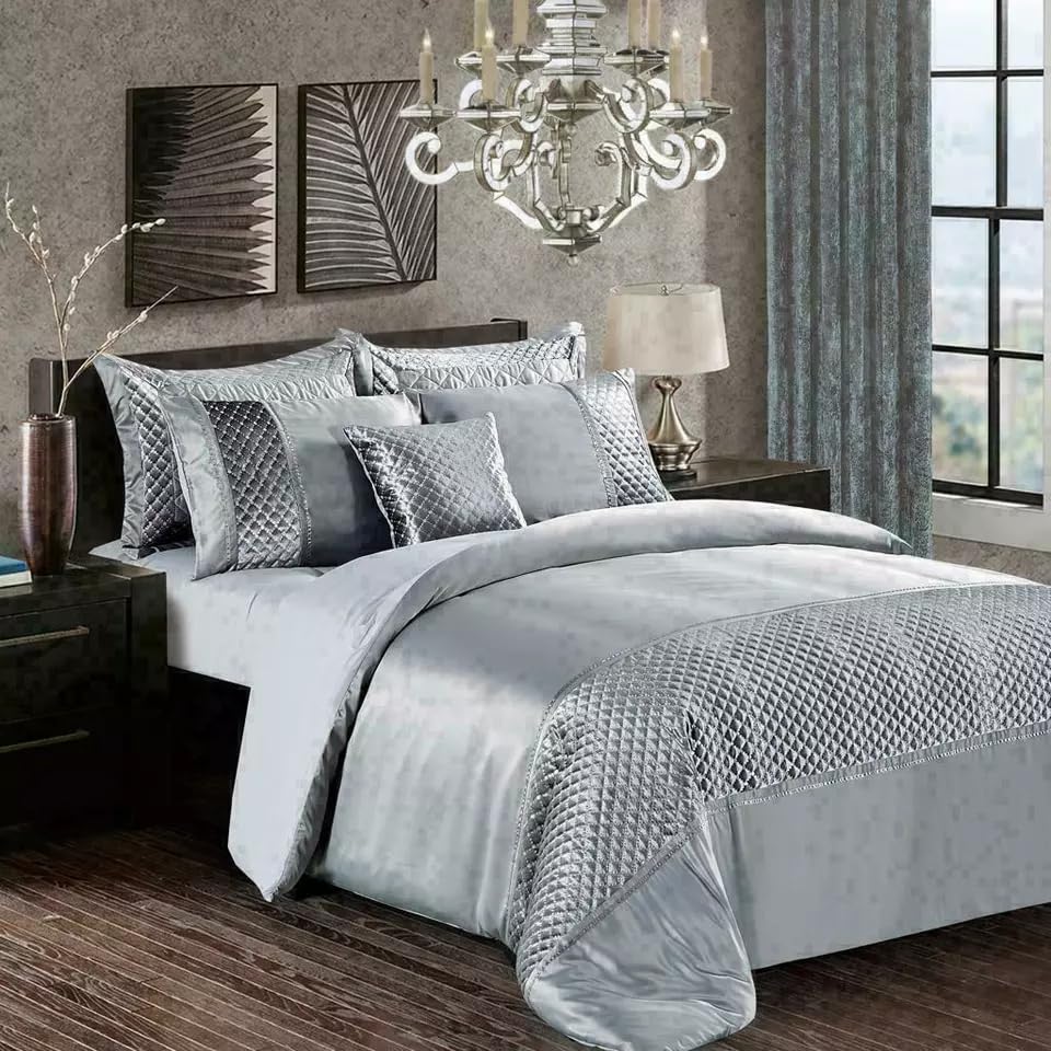 Online Bedding Store Luxury Atlanta Duvet Cover with Pillow Case - Polyester Velvet Luxury Bedding Set Soft Cosy Bedding Set & Pillowcases (Silver, Double)