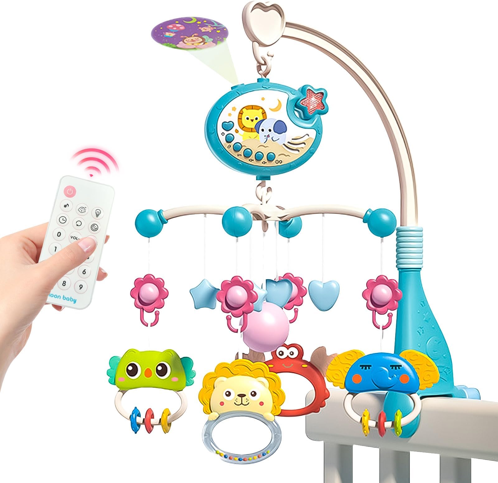 Baby Cot Mobile Toys- Baby Crib Newborn Toys with Music and Star Projection, Timing Function, Spin, Baby Accessories with Remote Control, Star