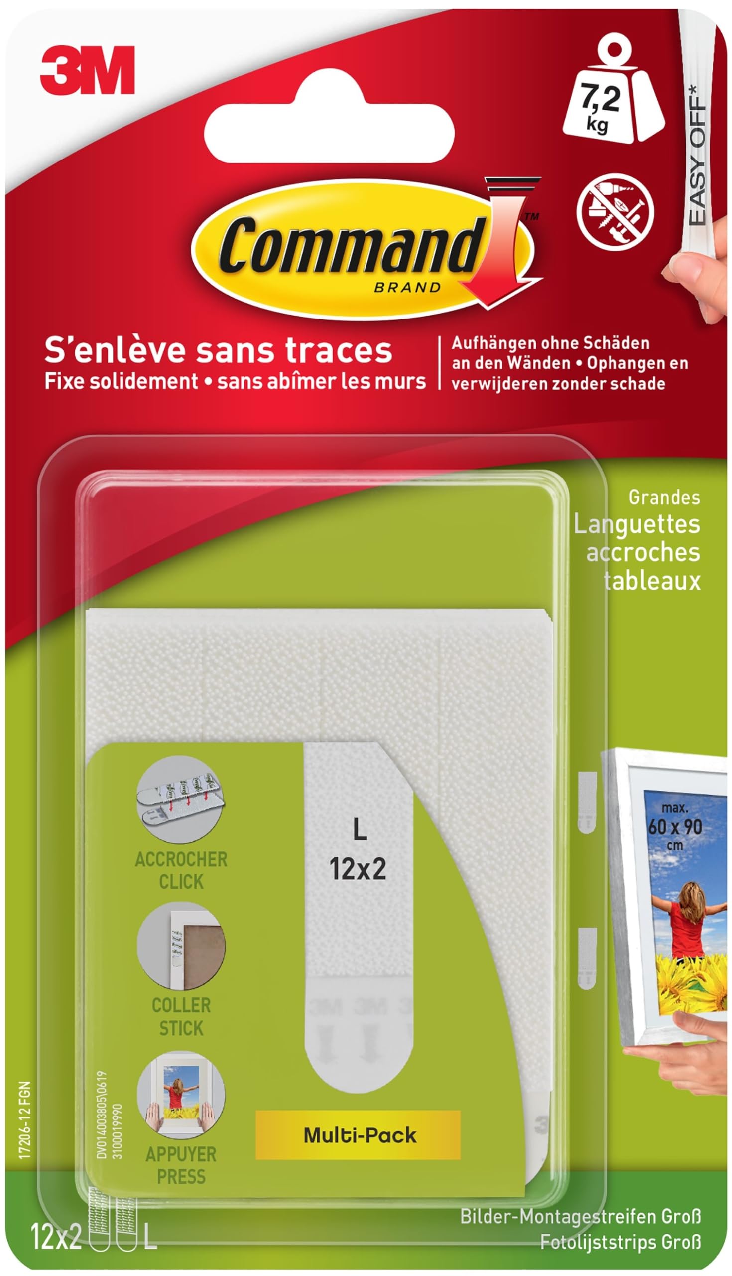 Command Bilder-Montage-Streifen, Vorteilspack, 12 x 2 Streifen Größe L, Weiß, Aufhängen ohne Bilderhaken, Rückstandsfreies Ablösen