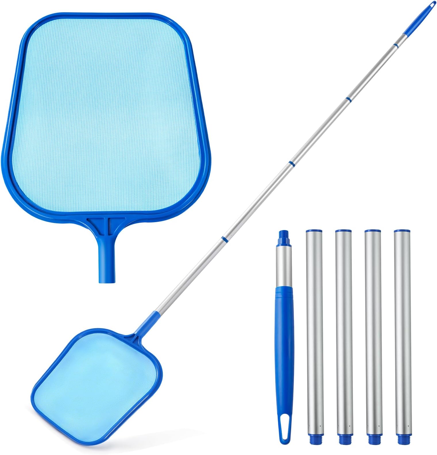 Pool Skimmer - Pool Skimmer Net with 5 Section Adjustable Telescopic Aluminum Pole, 25''- 64'', Pool Net Skimmer Rake with Ultra Fine Mesh, Pool Leaf Skimmer for Swimming Pools, Spas, Hot Tubs