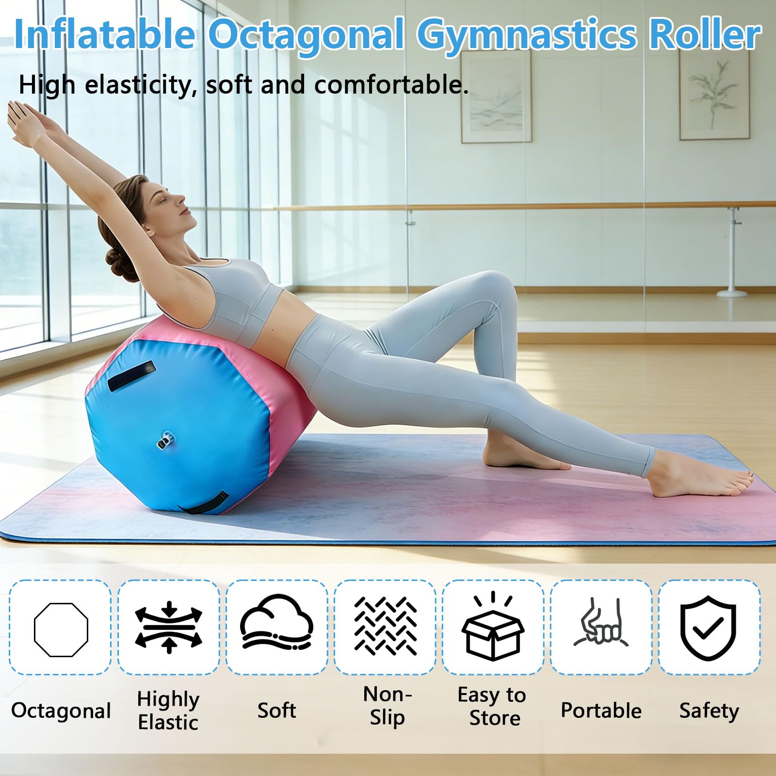 Rullo da ginnastica, 80 x 100 cm, gonfiabile, con pompa ad aria, tappetino da ginnastica ottagonale, per yoga, allenamento, fitness, palestra, uso domestico