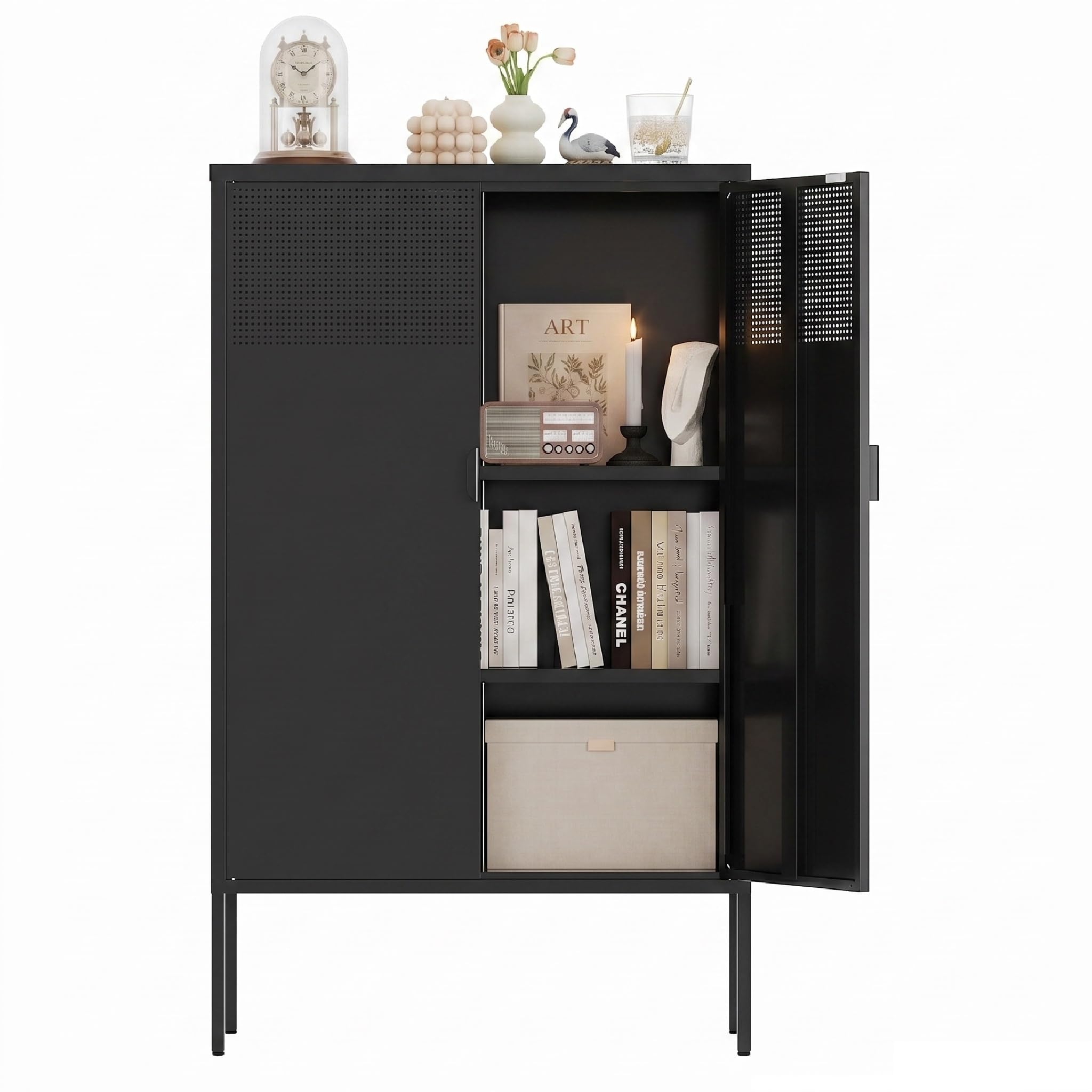 Metal Storage Cabinet,2 Door TV Stand, Metal Mesh Accent Cabinet