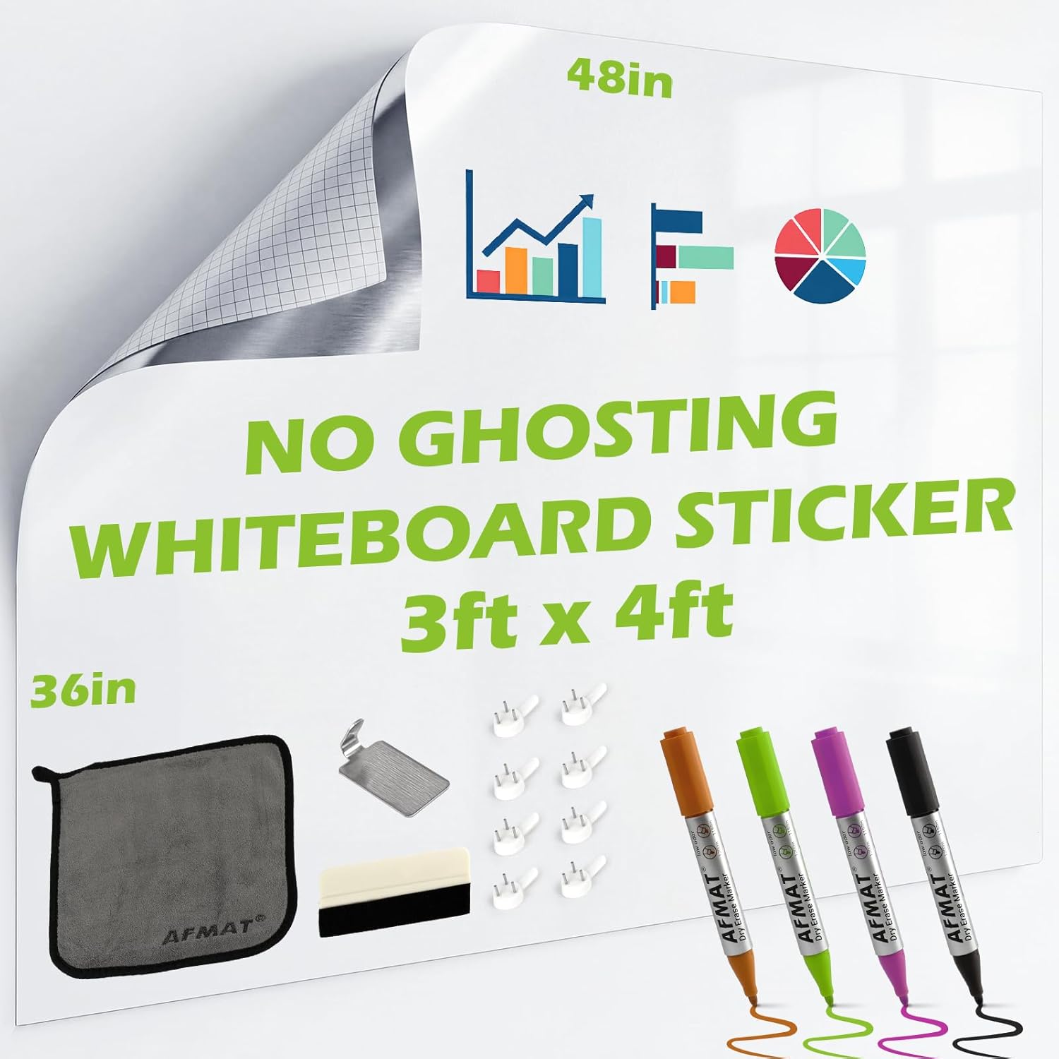 AFMAT Whiteboard Sticker for Wall, 48" x 36" White Board Paper, Super Sticky Dry Erase Wallpaper, Peel and Stick Dry Erase Board with 3 Markers, No Ghosting Whiteboard Paper for Home Office Classroom