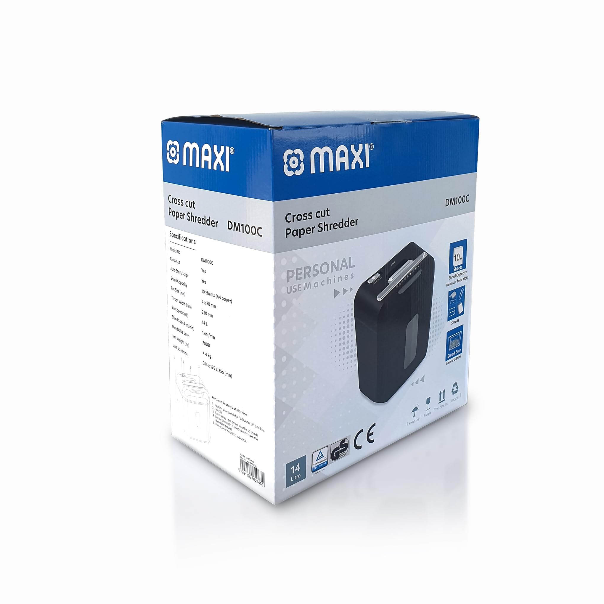 Maxi Paper Shredder 10-Sheet Cross-Cut, 14 Litres Shredder for Home and Office, Shred Paper Clips, Staples and Credit Cards