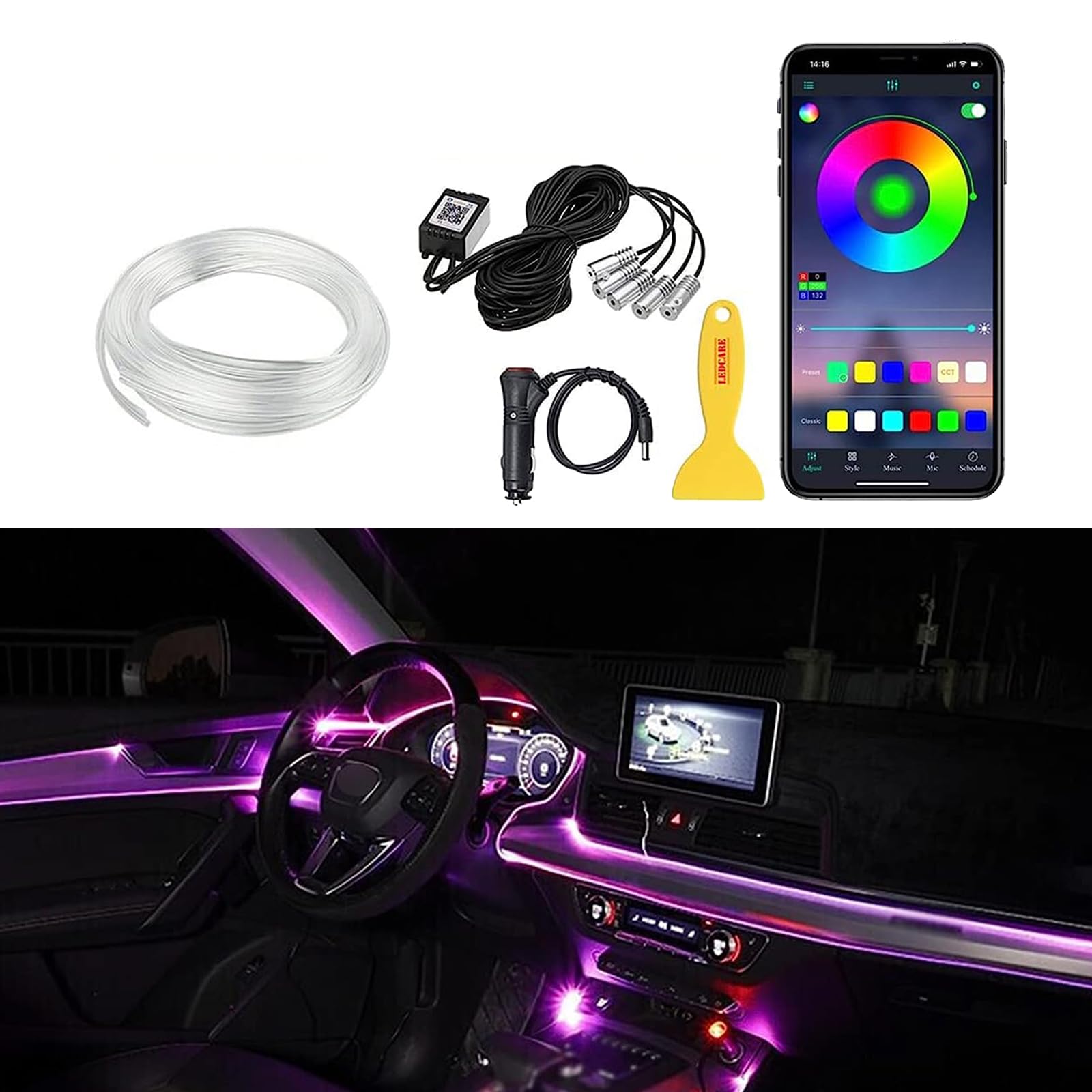 1 Pack Car LED Strip Lights, Wireless Bluetooth APP Control Car Neon Lights, RGB Car Interior Lights, 16 Million Colors 6 in 1 with 236 Inches Fiber Optic (Multicolored)