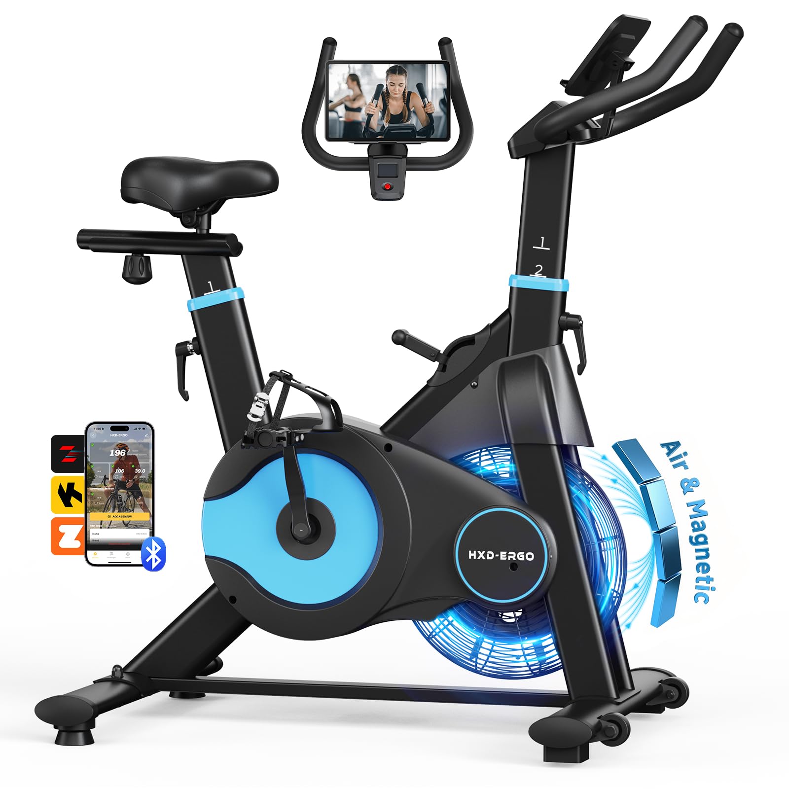 HXD-ERGO HXD-ERGO Exercise Bike, Magnetic & Air Resistance Indoor Bike, Stationary Bike for Home with Silent Belt Drive, Adjustable Resistance, App Compatible Cycling Bike with LCD Monitor, 350lbs Capacity Workout Bike