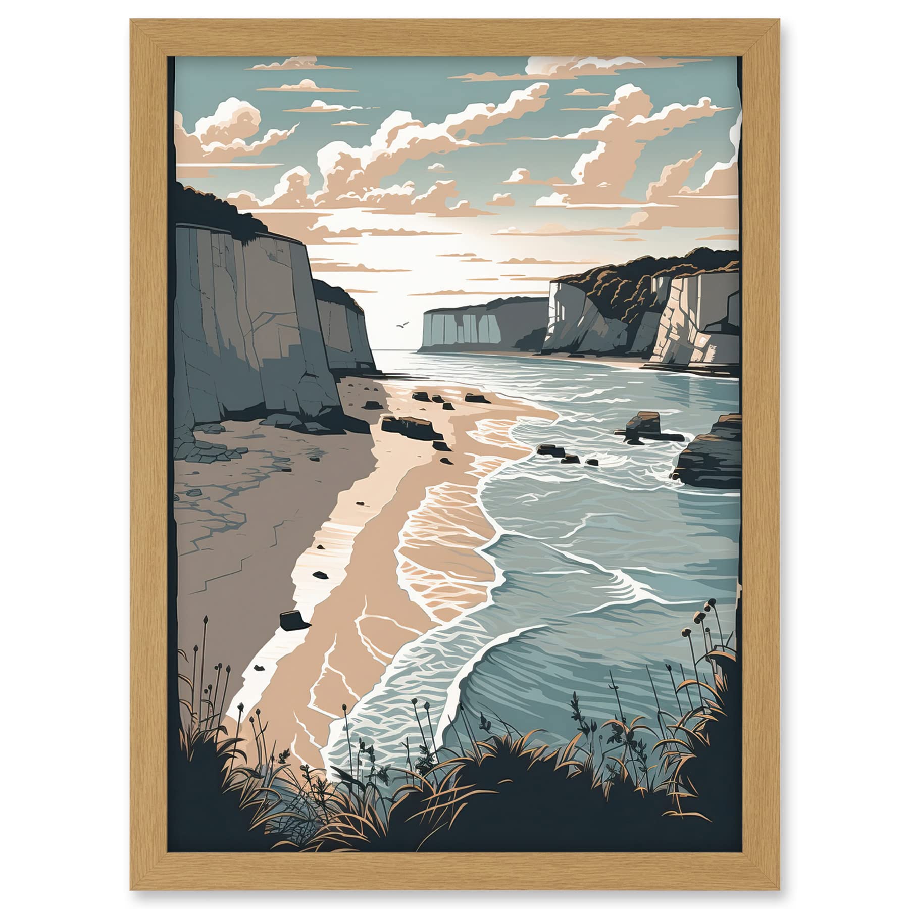 Artery8 Bay with Cliffs Pastel Colour Coastal Landscape Artwork Framed A3 Wall Art Print