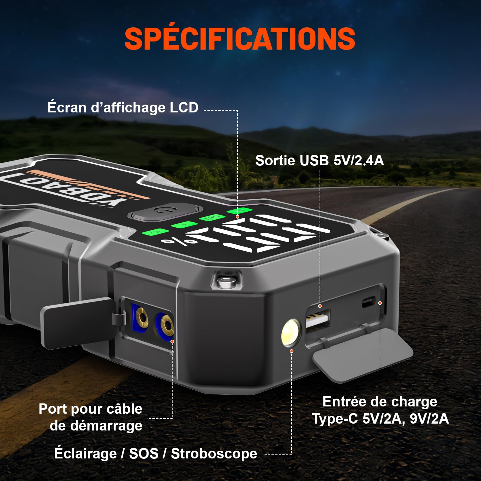 YDBAO Booster Batterie Voiture 8000A 12V Démarreur de Voiture Portable (Jusqu'à Toute Essence ou 10L Diesel) Jump Starter avec Pince Intelligente Écran LCD Lumière LED Protection Auto Moto SUV Camion