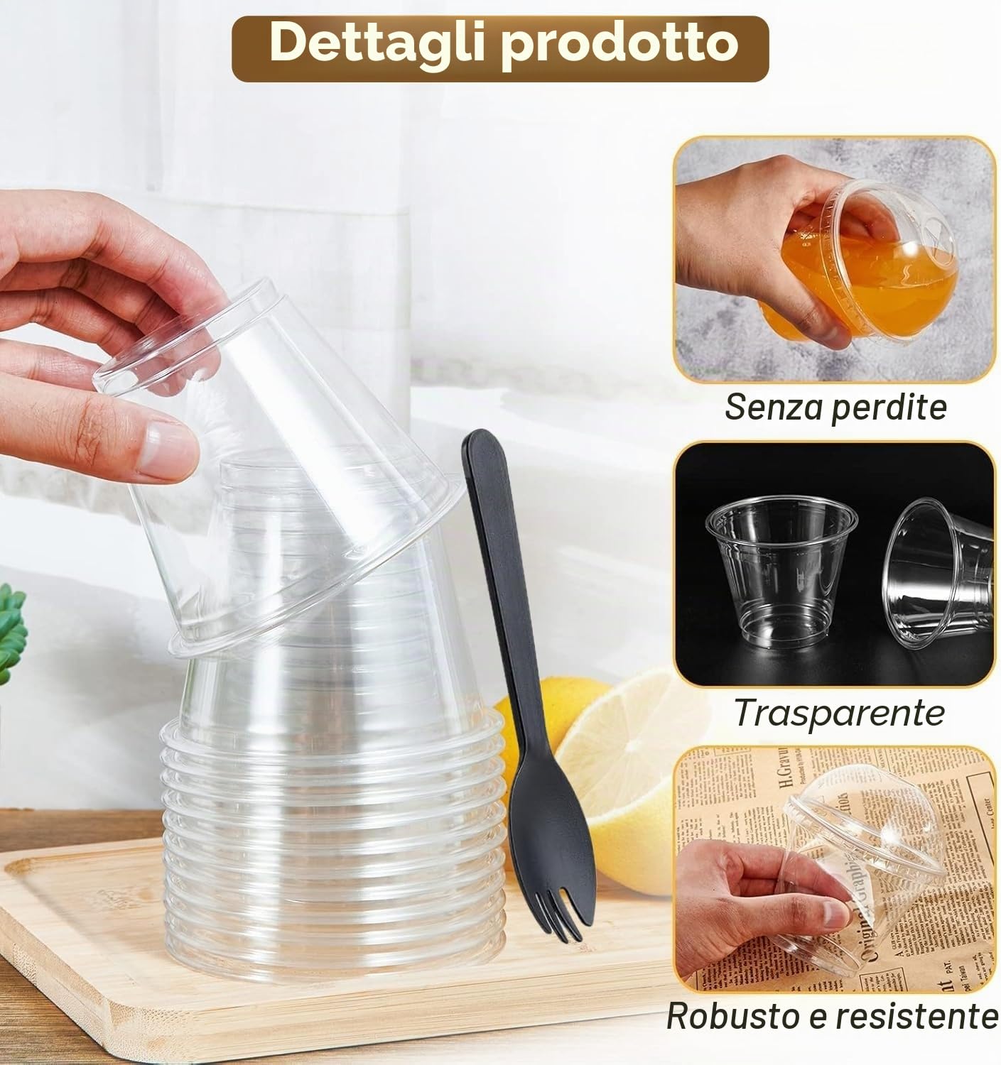 LATERN 50 Pezzi Bicchieri da Dessert in Plastica con Coperchi a Cupola, 270ml Rotonde Tazze da Dessert Coppa Trasparente per Antipasti Parfait Ciotola da Portata Riutilizzabile con Forchette
