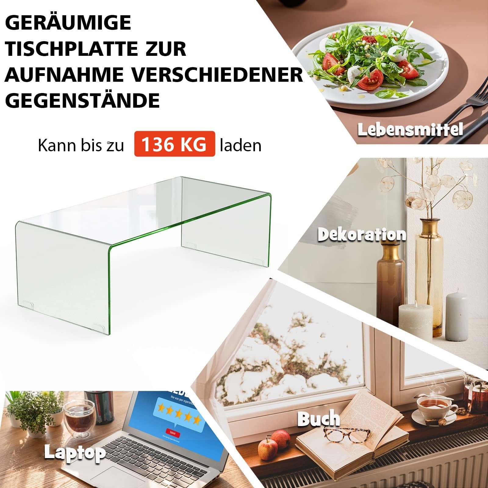 COSTWAY Couchtisch aus gehärtetem Glas, U-förmiger Beistelltisch, Moderner Glastisch, Wohnzimmertisch Kaffeetisch, für Wohnzimmer Büro Hotel, 136kg Belastbar,108 x 50 x 35 cm