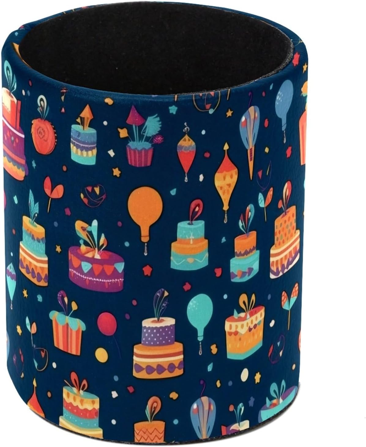 Decorative Pen Holder Stand for Desk Accessories, PU Leather Waterproof Pencil Marker Makeup Brush Cup, Stationery Organizer for Office, School, Home (Birthday Cake Balloons)