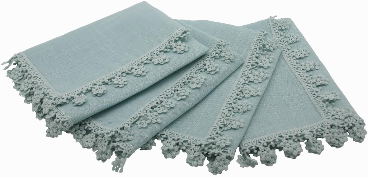 Manor Luxe Floral Charm Lace Trim Napkins, 20-Inch, Set of 4, Pastel Blue, 20 x 20