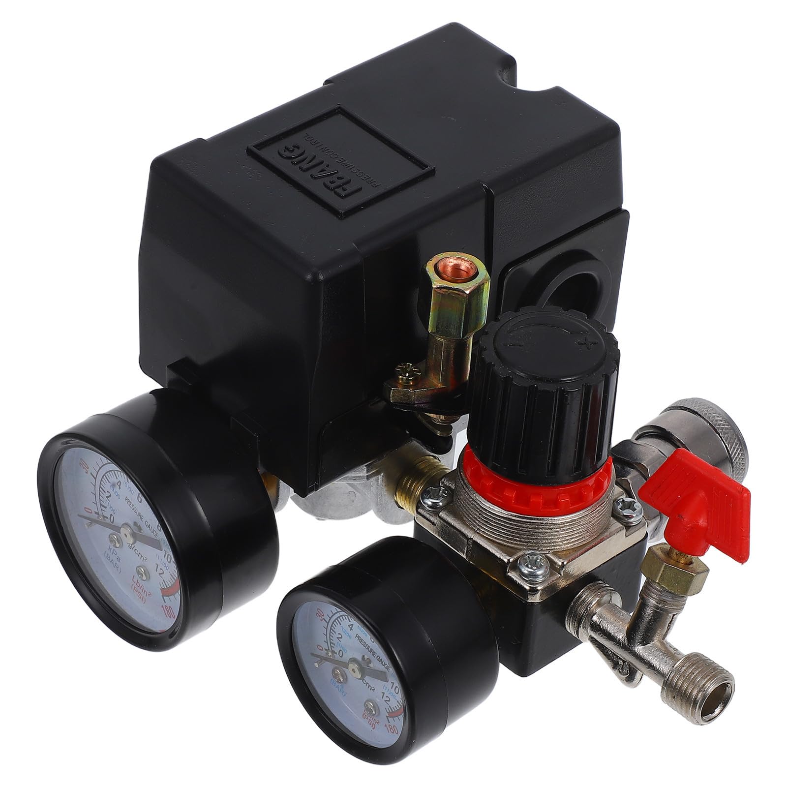 Alasum Interruptor de Control de Presión para Compresor de Aire, Regulador de Presión de Aire con Manómetro, Plástico, 4 Orificios, Manija Horizontal, 0.5-0.8mpa, para Construcción