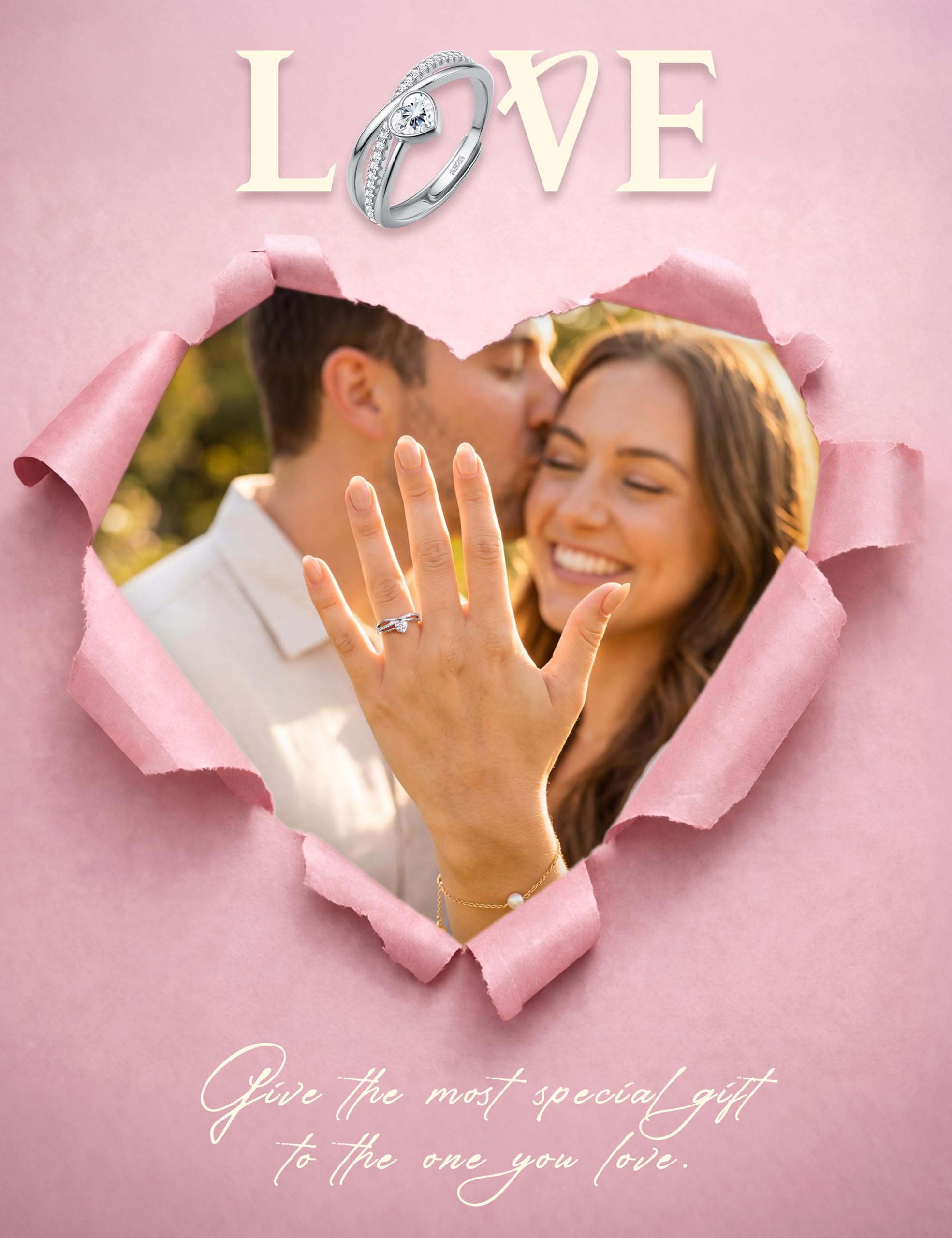 JeweBella Anillos Mujer Plata de Ley 925 Ajustable Corazón Estrella Circonita Cúbica Compromiso Boda Promesa Aniversario Regalo Plata Oro Rosa