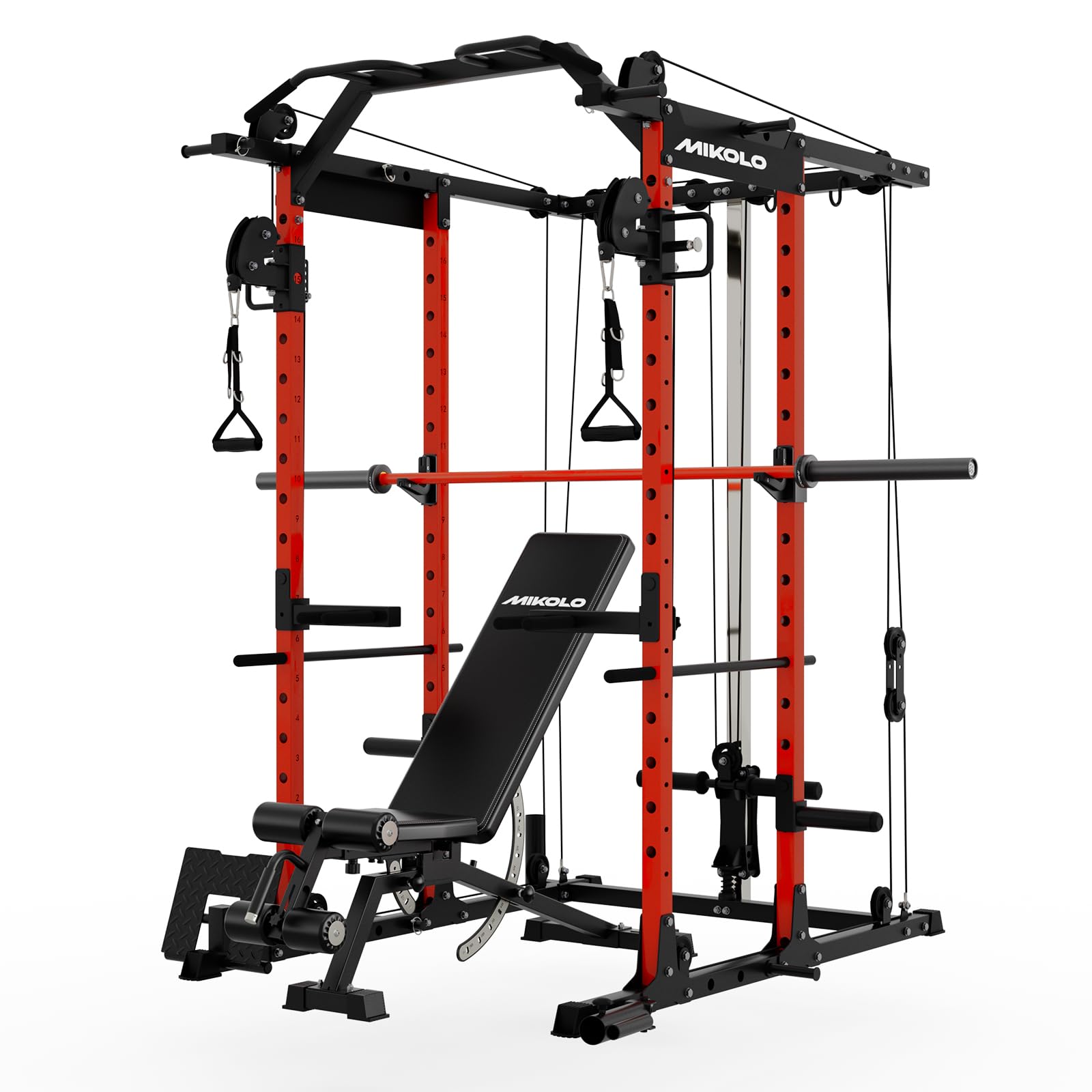 Mikolo K6 Power Cage, Power Rack with Cable Crossover System, 1500LBS Squat Rack with LAT Pull Down System, Home Gym Packages with Bar＆Weight Bench-Red
