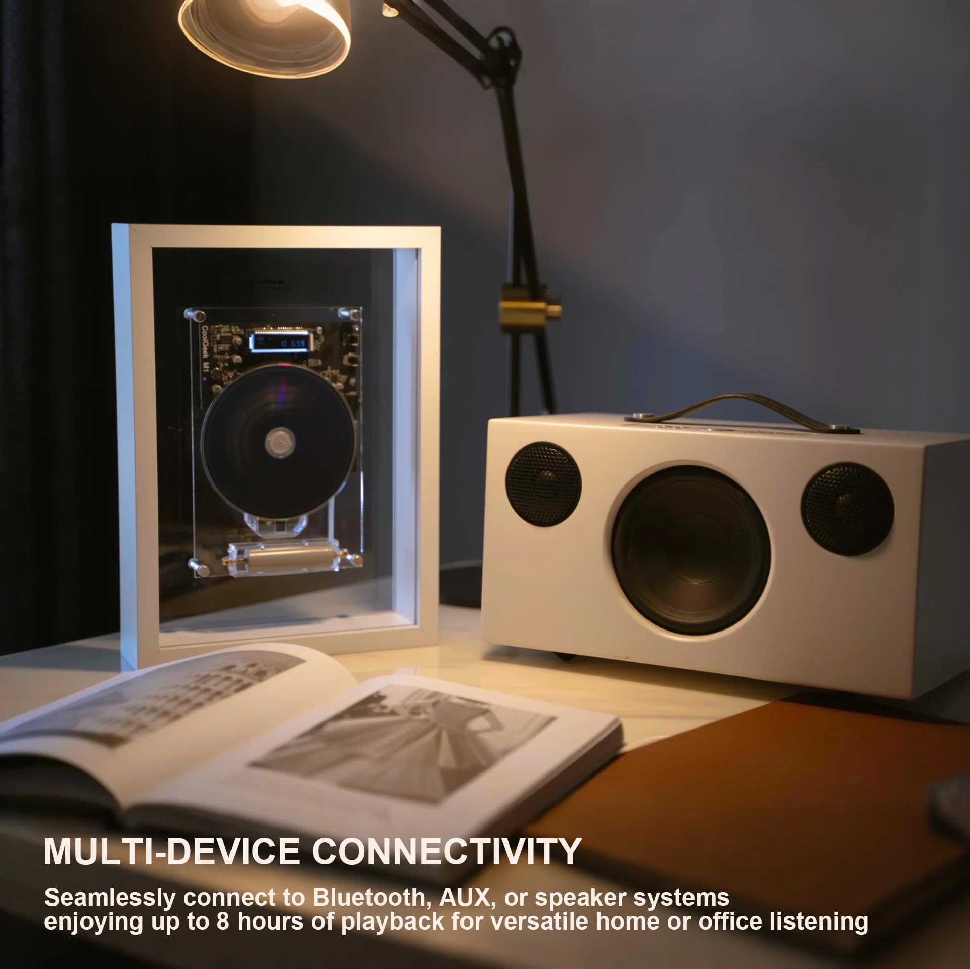 Lettore CD verticale M1 da parete o scrivania, design artistico industriale trasparente, trasmettitore CD Hi-Fi Bluetooth (altoparlante esterno richiesto), batteria ricaricabile 8 ore