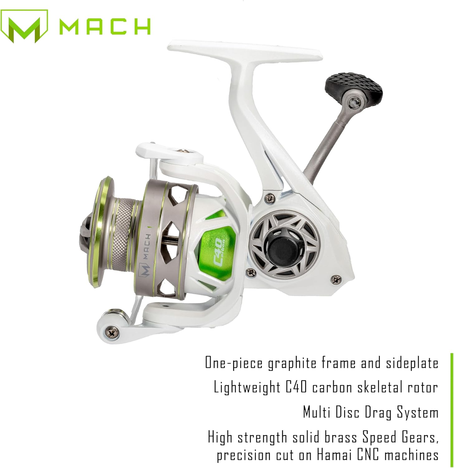 Lew's MACH 1 Spinning Fishing Reel, 9+1 Bearings, Graphite Frame, Speed Gears, Speed Lube, Multi-Disc Drag, Metallic White/Gray/Green