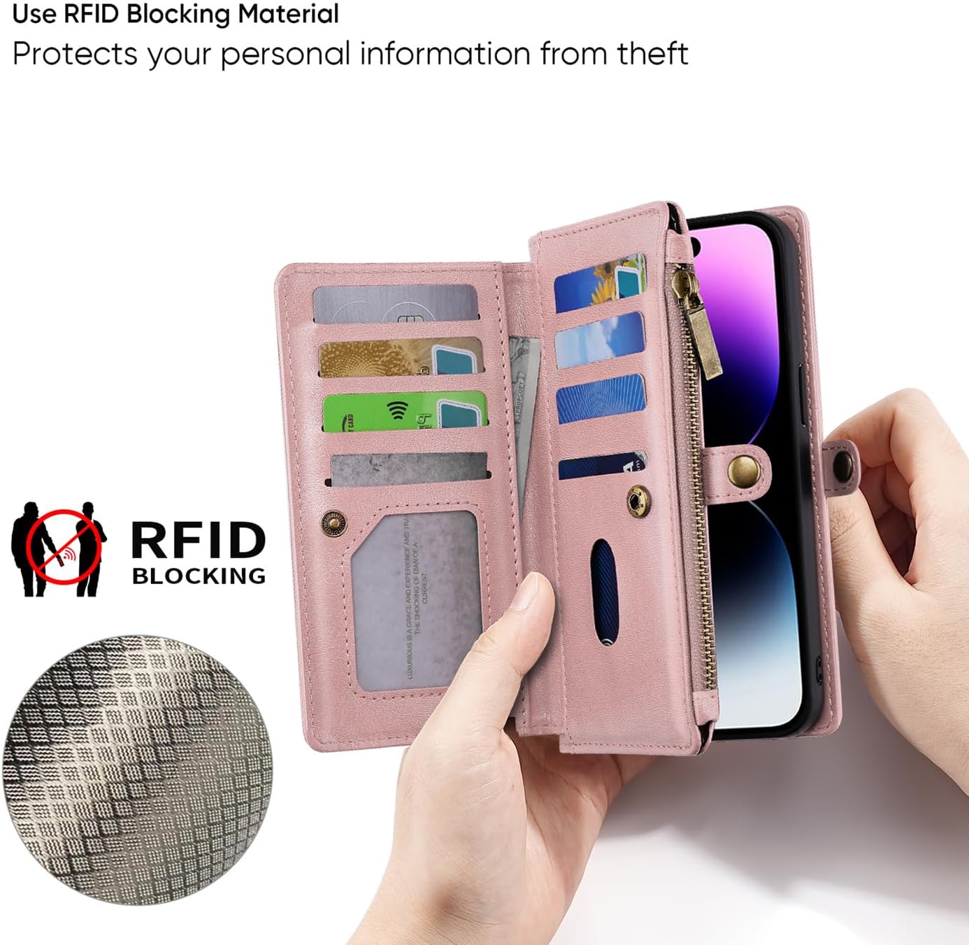 MInCYB for iPhone 14 Pro Max Wallet Case – Detachable Magnetic Wallet with RFID Blocking, PU Leather Zipper & Strap for Women Men Blue