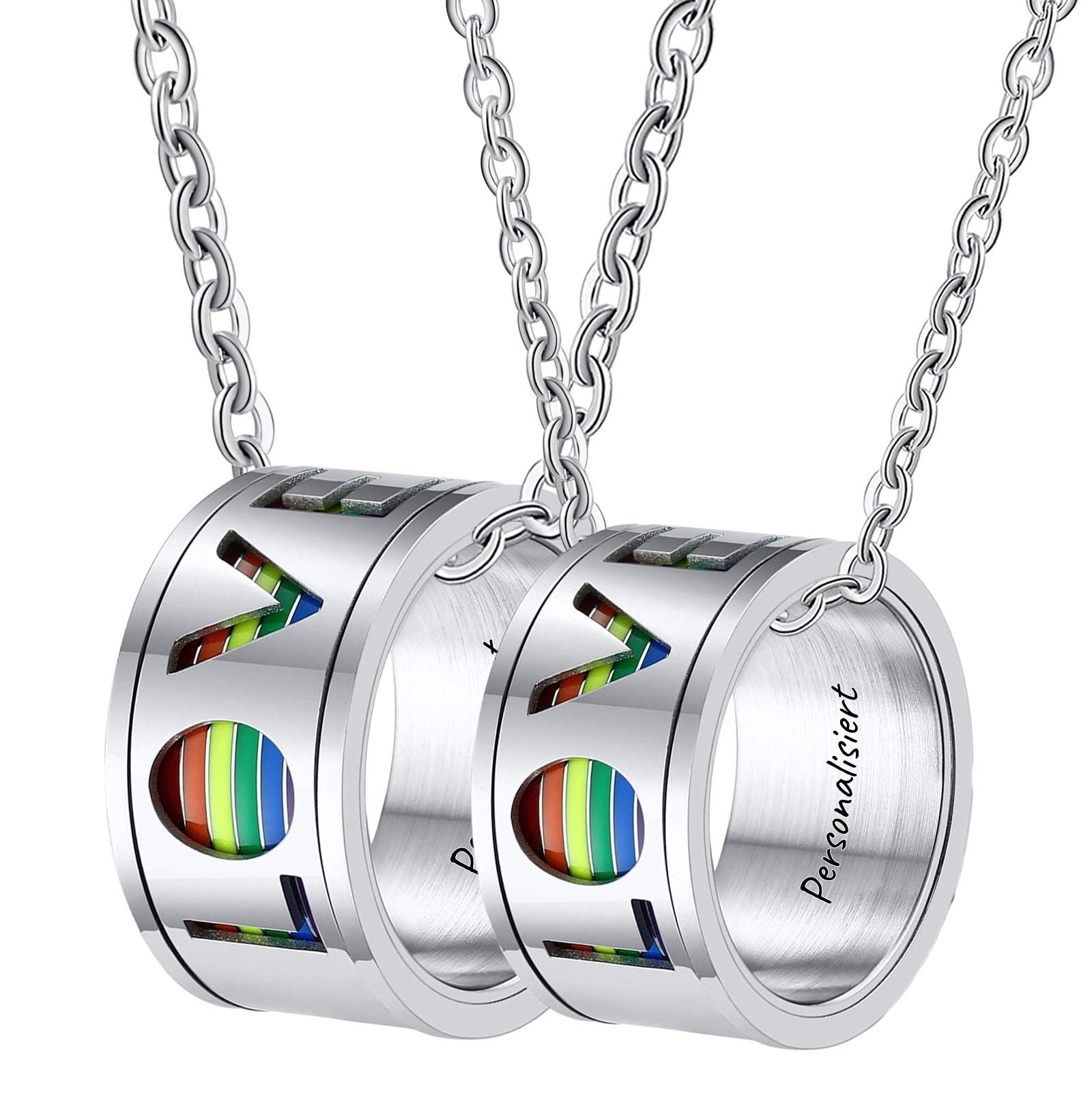 AmDxD Collar para parejas, 2 unidades, anillo de acero inoxidable, colgante Love LGBT, par de collares para él y ella, plata para mujeres y hombres (ancho de 11 mm, cadena para hombre de 60 cm,