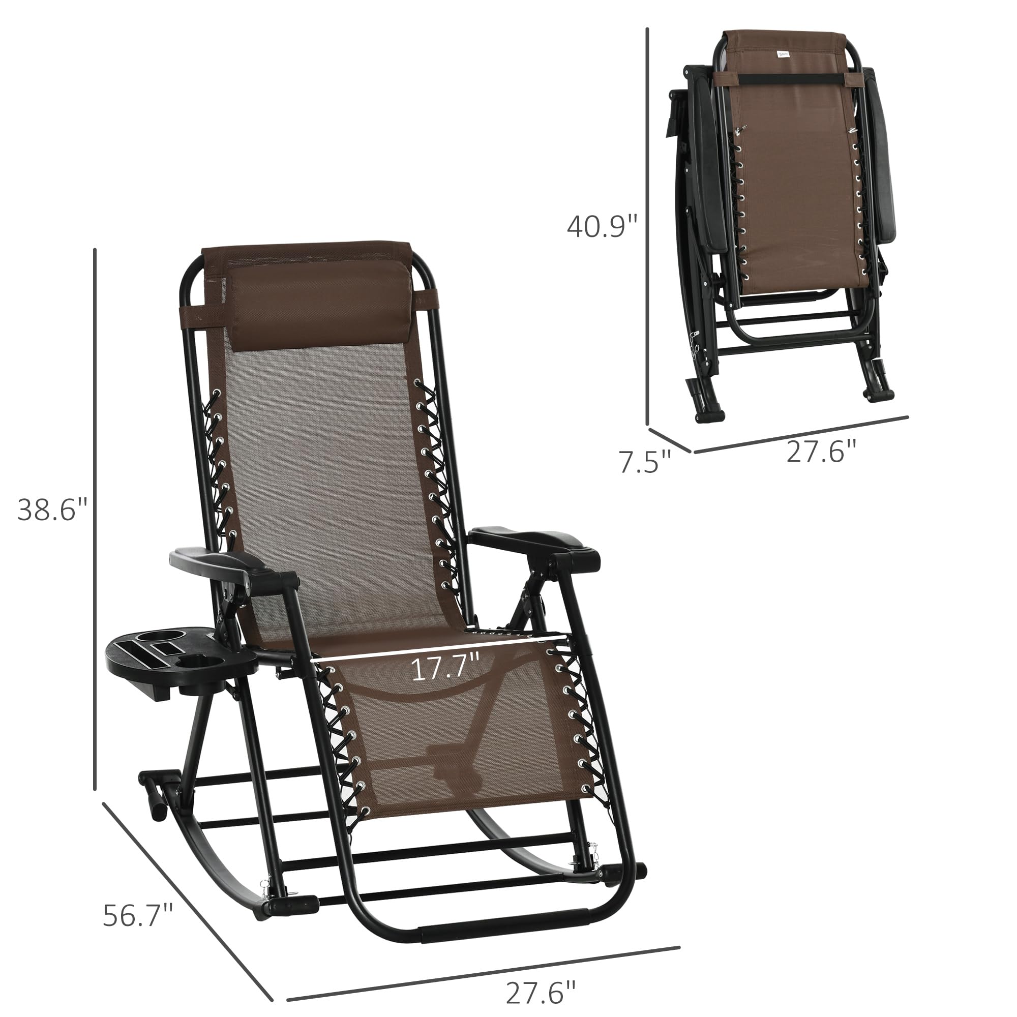 Mecedoras para exteriores, plegables, reclinables, de gravedad cero, con almohada, portavasos y soporte para teléfono, diseño combinado con patas plegables, color marrón 7