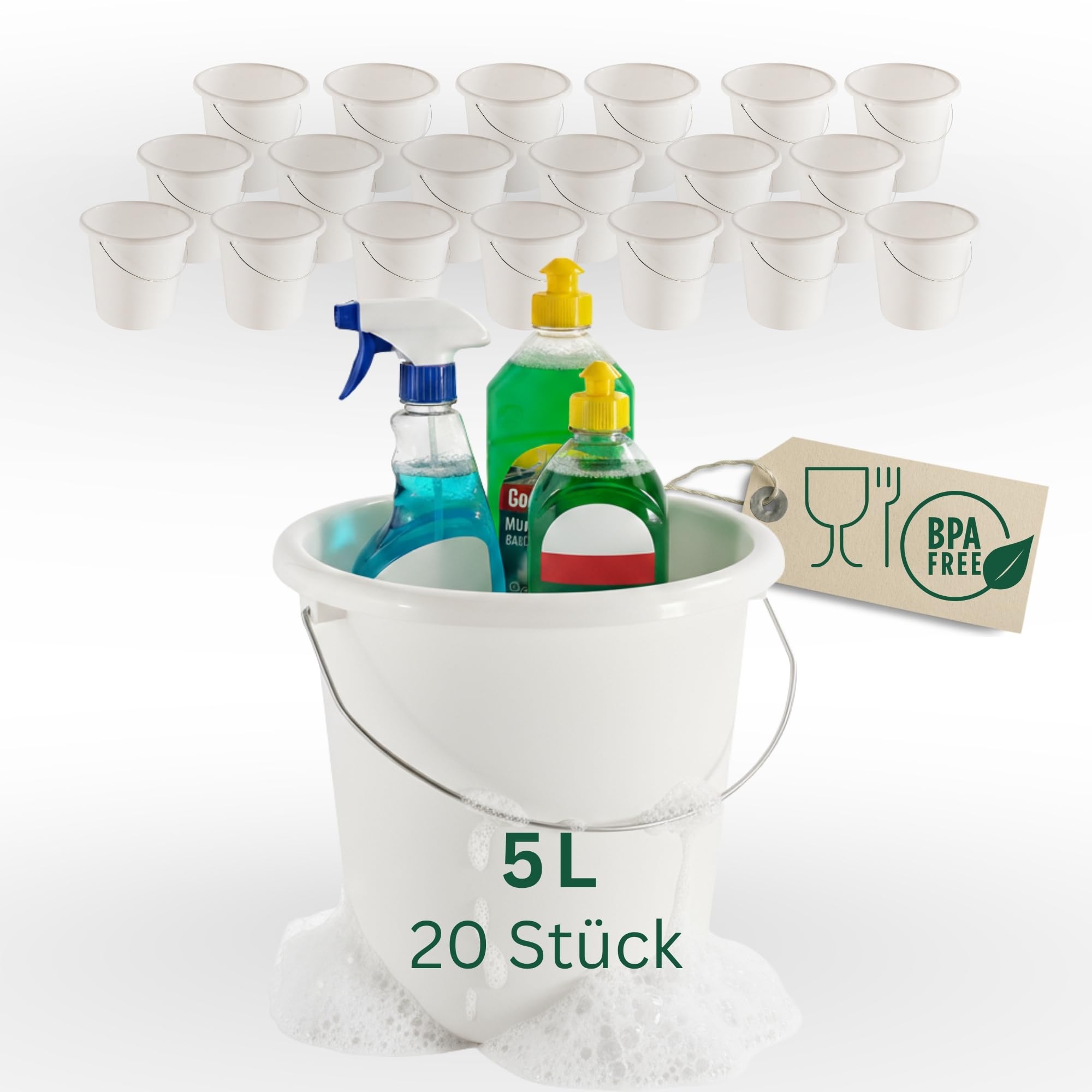 Novaliv Lot de 20 seaux de 5 l - Blanc avec graduation dimensionnelle - Seau de nettoyage 5 litres ? 22,5 cm - Pratique et polyvalent avec graduation pour la maison et le jardin - Idéal comme seau