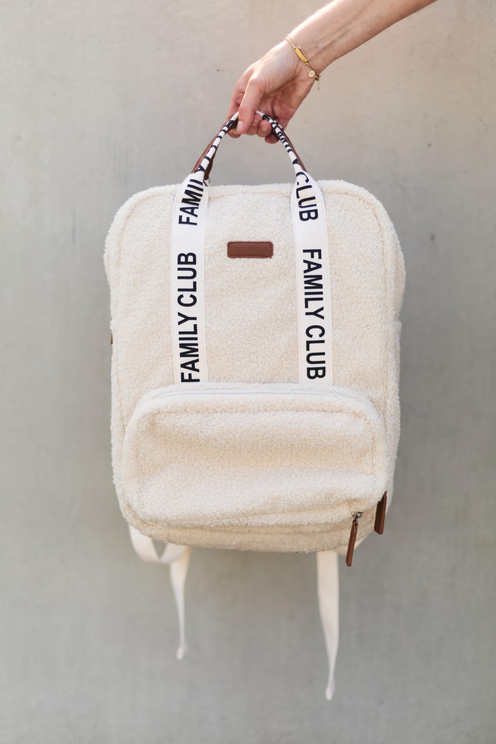 CHILDHOME, Sac à dos à langer Family Bag, Grande capacité, Multifonctionnel, Tapis à langer inclus, 11 Compartiments, Pochette Isotherme, Passage Trolley-valise, Accroche Poussette, 20.5L, Teddy White
